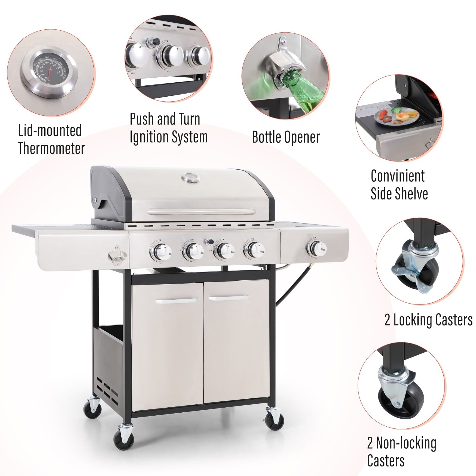 Stainless Steel Portable 4-Burner Propane Gas Grill with Side Burner