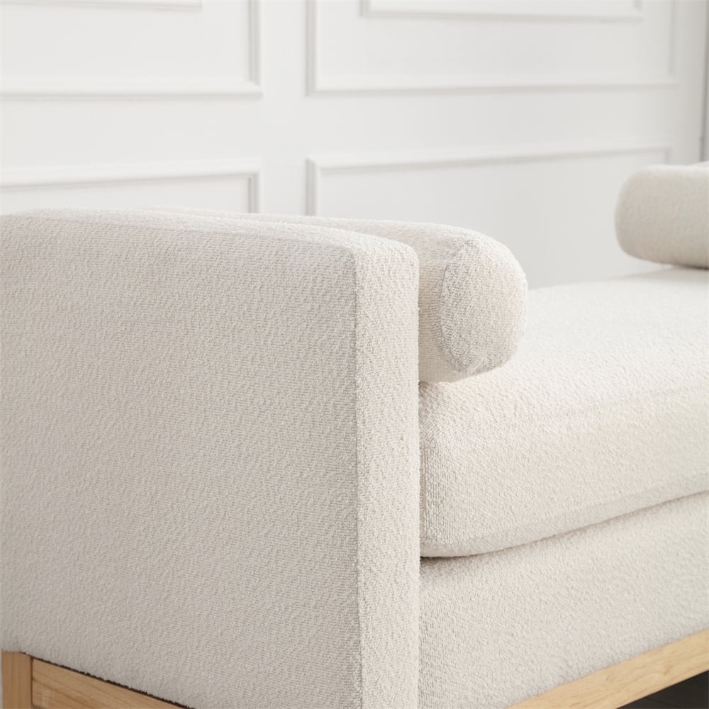 53 5"W Elegant Upholstered Bench with Wood Legs Round Pillows,Comfy Boucle Fabric Footrest with Arms, Entryway Bench for End of Bed, Bedroom and Living Room, Ivory(Ivory) Image 6