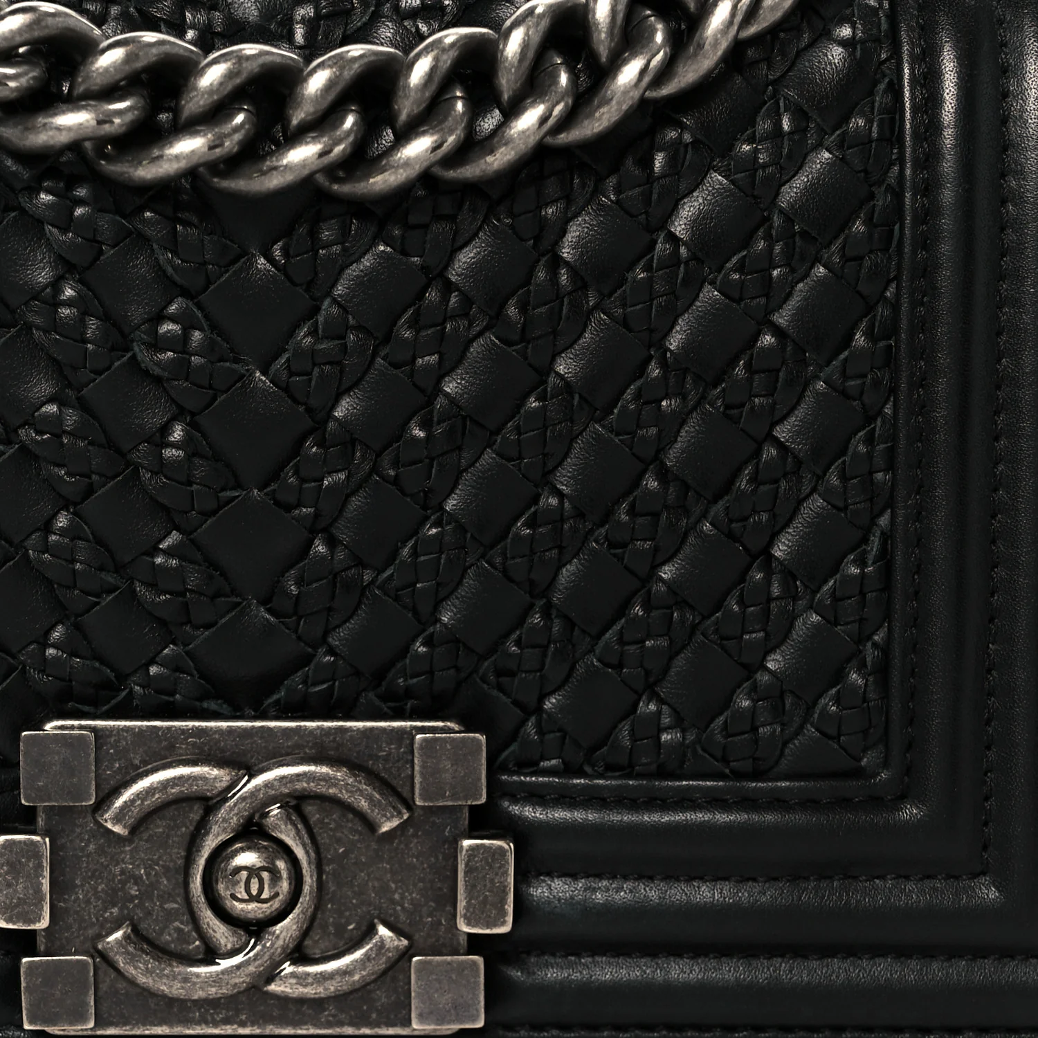 Lambskin Braided Woven Small Boy Flap Black
