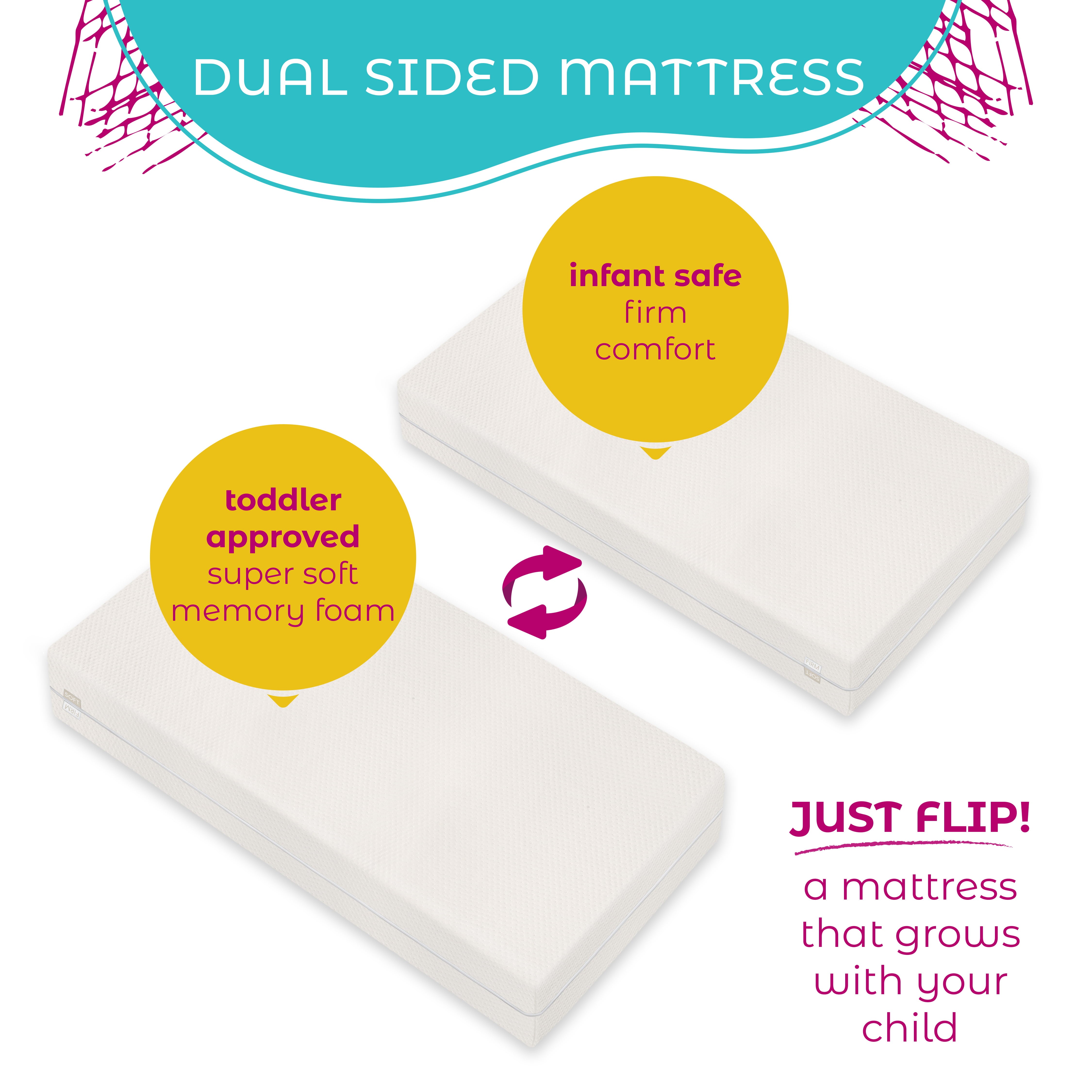 Premium Memory Foam Hypoallergenic Infant Crib Mattress and Toddler Bed Mattress with Waterproof Bamboo Cover. Flip Dual Stage System - 27.5x 52 x 5.5