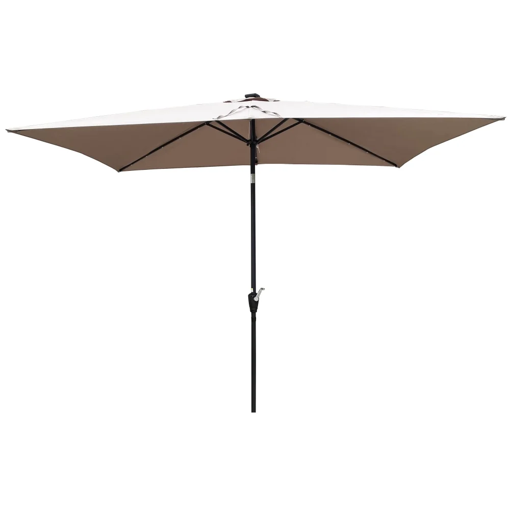 10 x 6.5t Patio Umbrella,Rectangular Picnic Table Umbrella,6-8 Chairs Tilt Umbrella with 26 LED Lights,Waterproof Umbrella Sunshade with Crank and Push Button Tilt for Garden Backyard Pool,Mushroom
