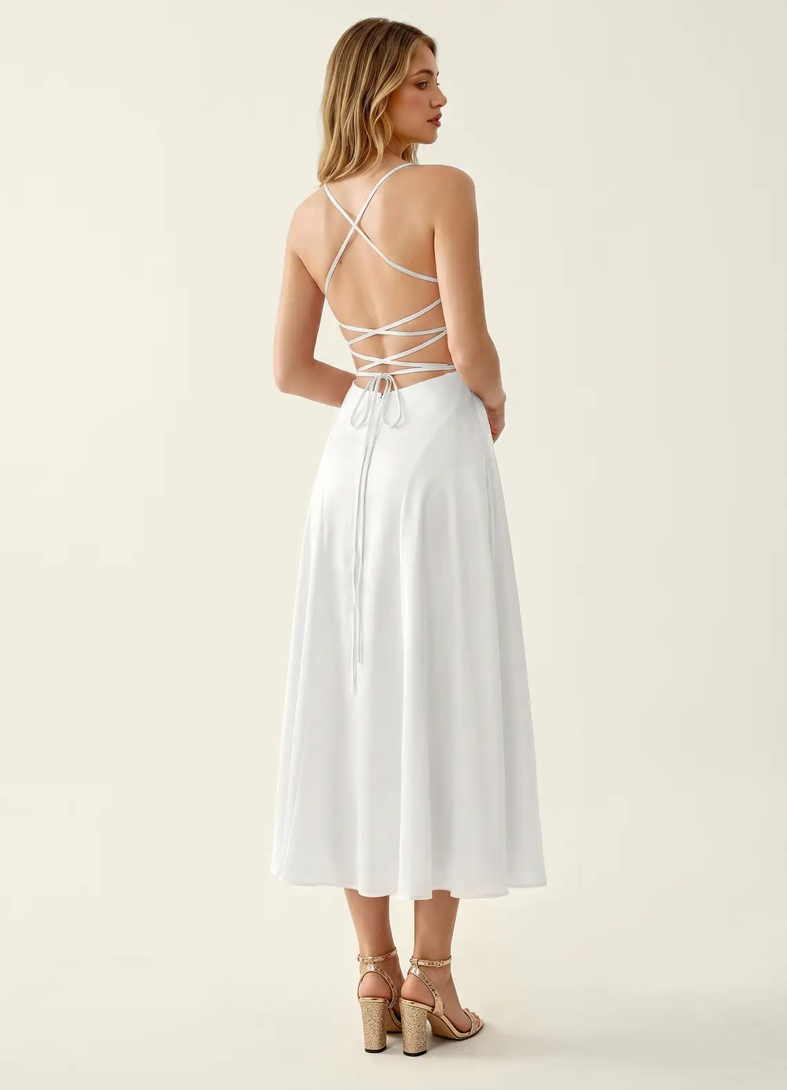 Madeleine White Satin Lace Up Back Midi A-line Graduation Dress