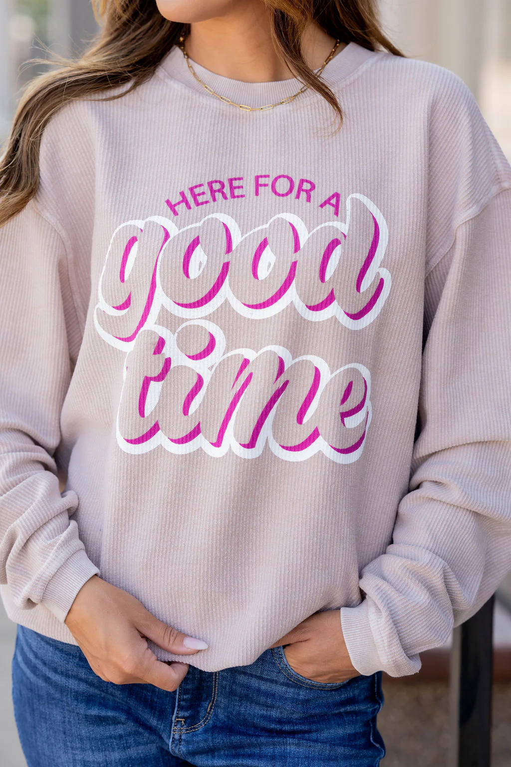 Here For A Good Time Ribbed Graphic Crewneck