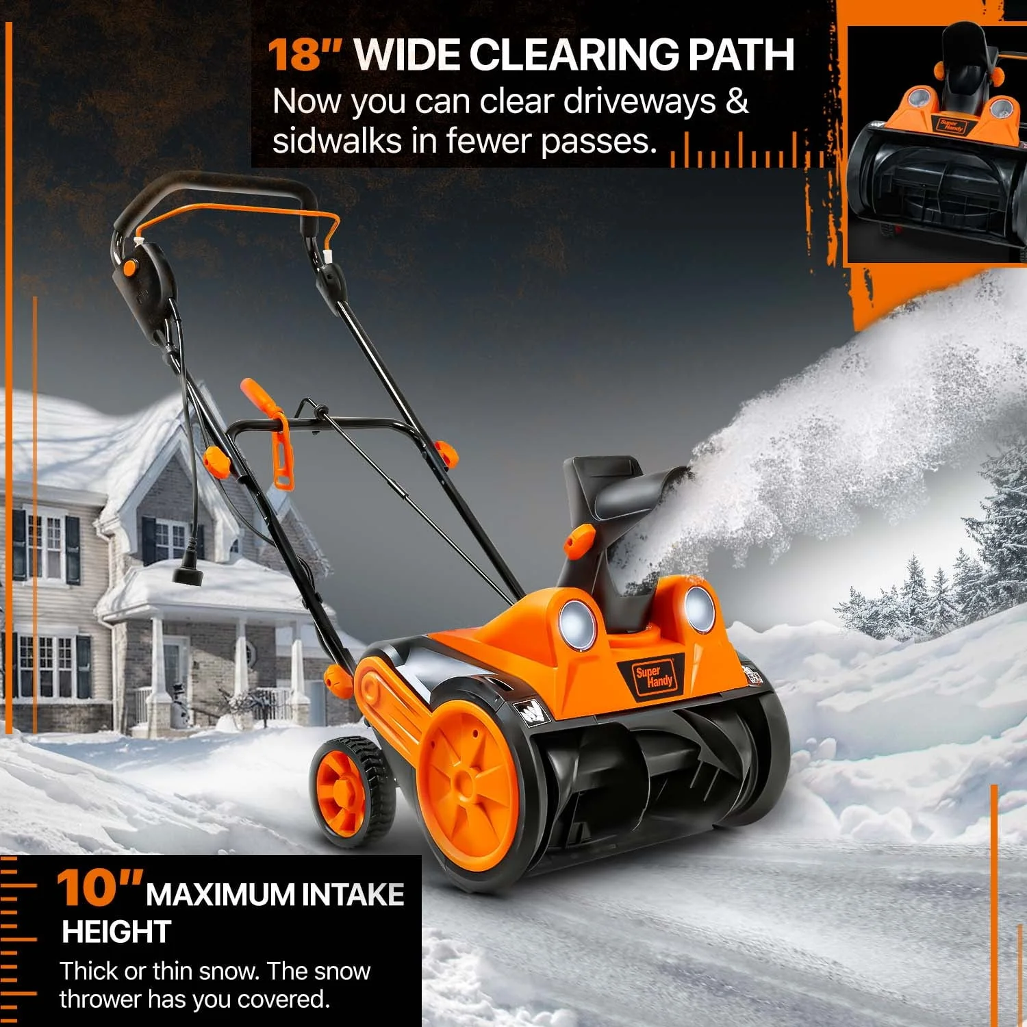 Electric Snow Blower: 18x10 Inch Path, 720 lbs/min, 25ft Throw, LED Lights Corded AC 120V 15A for Driveways, Paths, and Yards Image 6