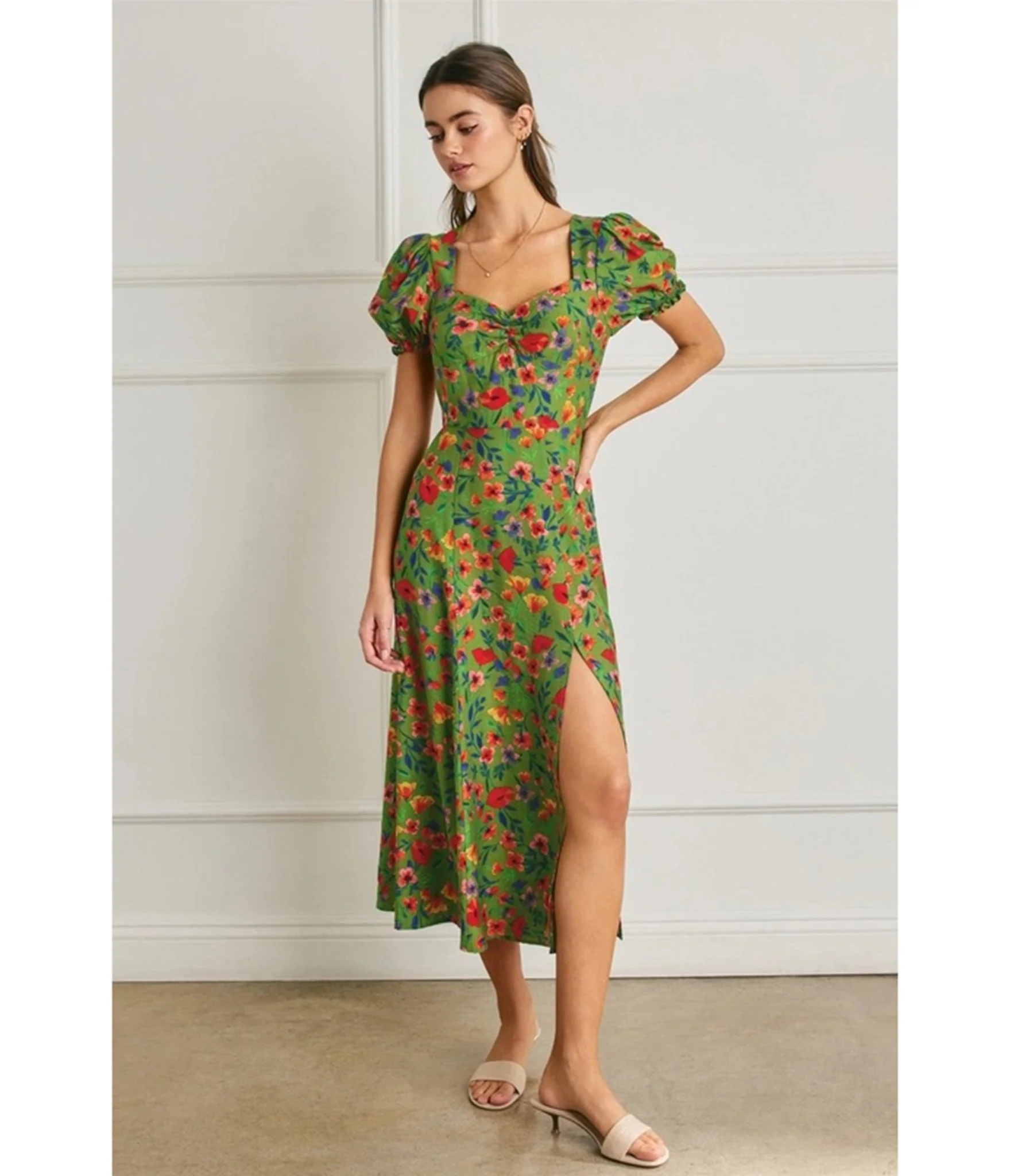 Green Floral Print Puff Sleeve Midi Dress