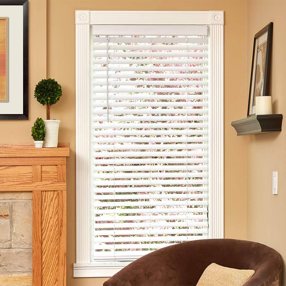 Lumino 2-Inch Flat Slat Faux Wood Cordless Room Darkening Blind for Windows - Starting at - (Over 1,000 Custom Sizes), White - 1