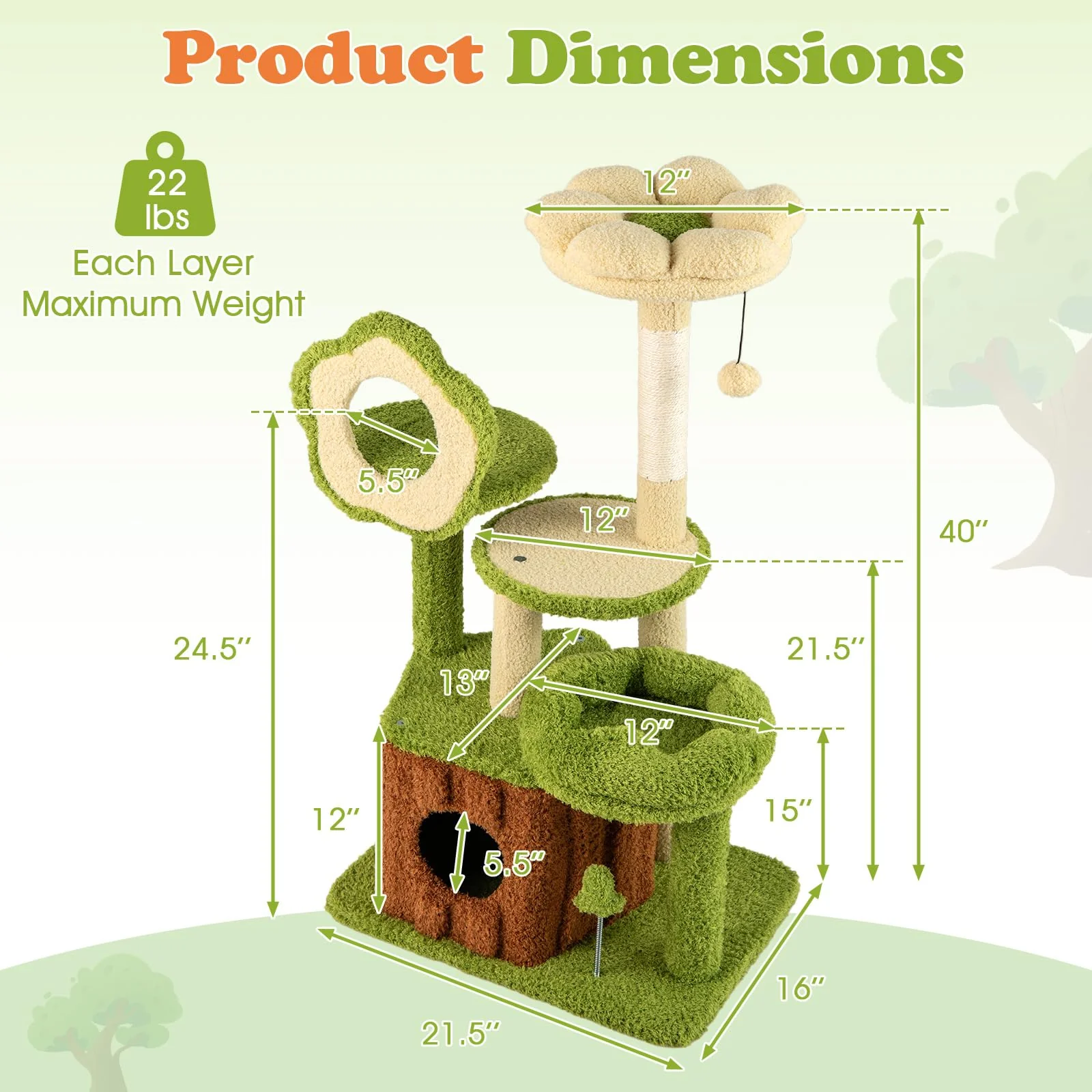 Tangkula 40 Inch Multi Level Aesthetic Cat Tower with Sisal Scratching Posts