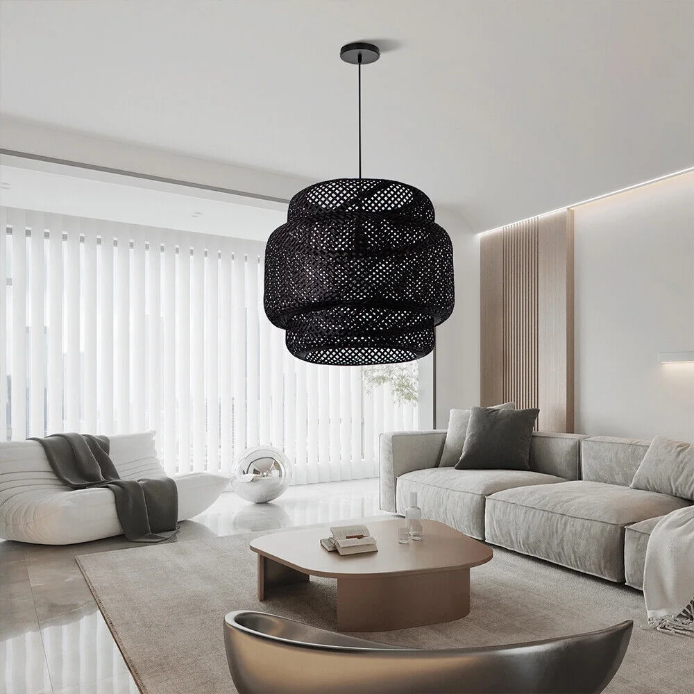 Arturesthome Vintage Chandelie Bamboo Woven Pendant Light Hanging Ceiling Lamp Decor Black