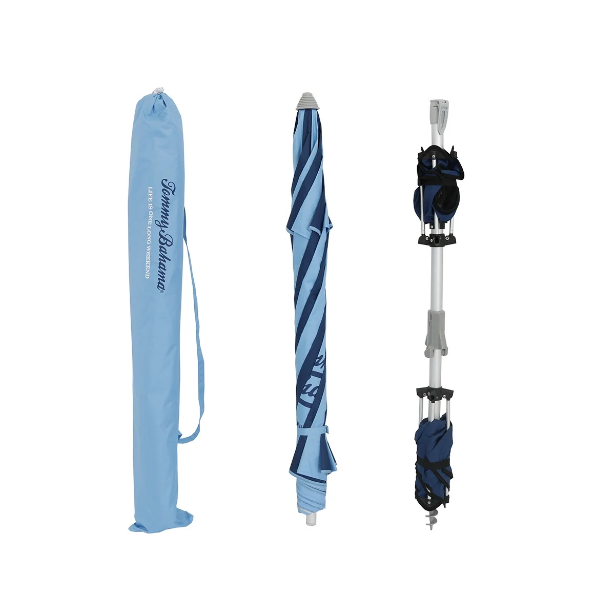 7 ft Fiberglass Beach Umbrella for Sand with Folding Anchor Base, Integrated Table, Telescopic Aluminum Pole, UPF 50+, Tilt(Dark Blue / Light Blue Panels) - Image 2