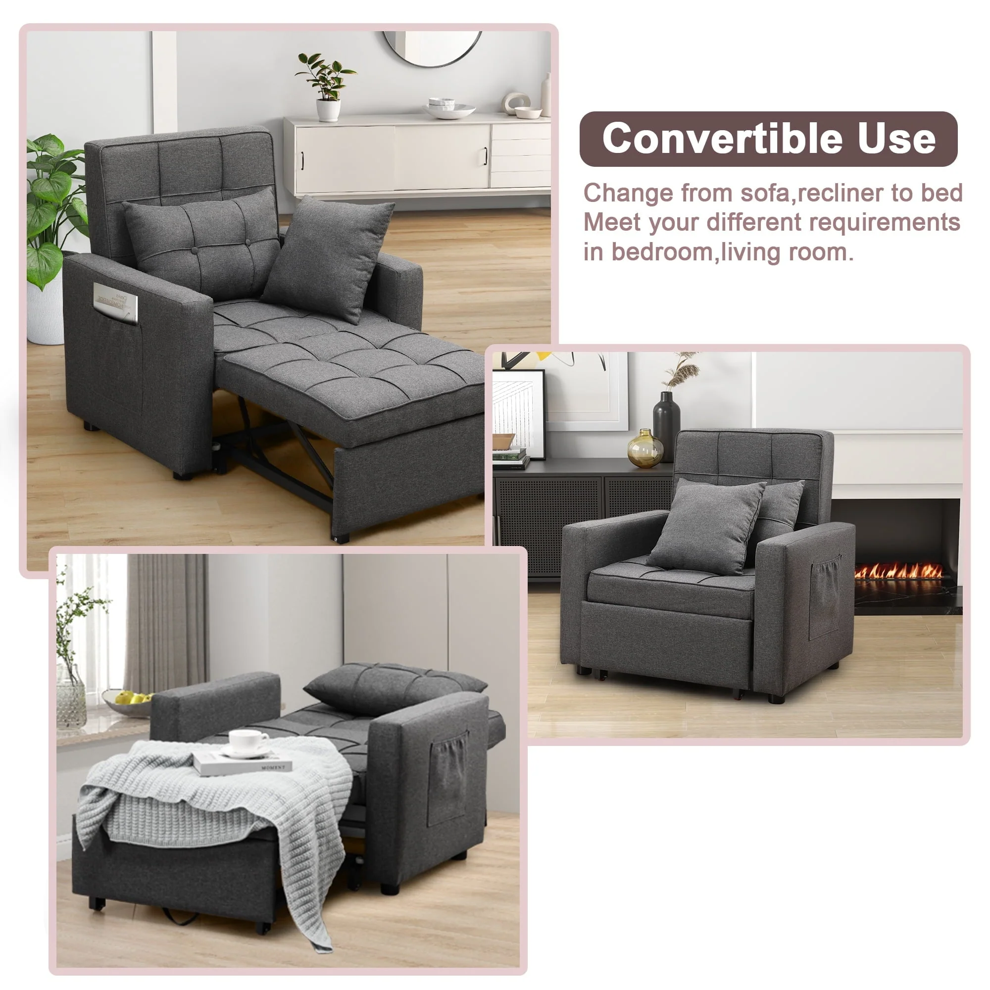 Tolead 3 - in - 1 Convertible Sofa Bed Sleeper Chair with Adjustable Backrest, Gray