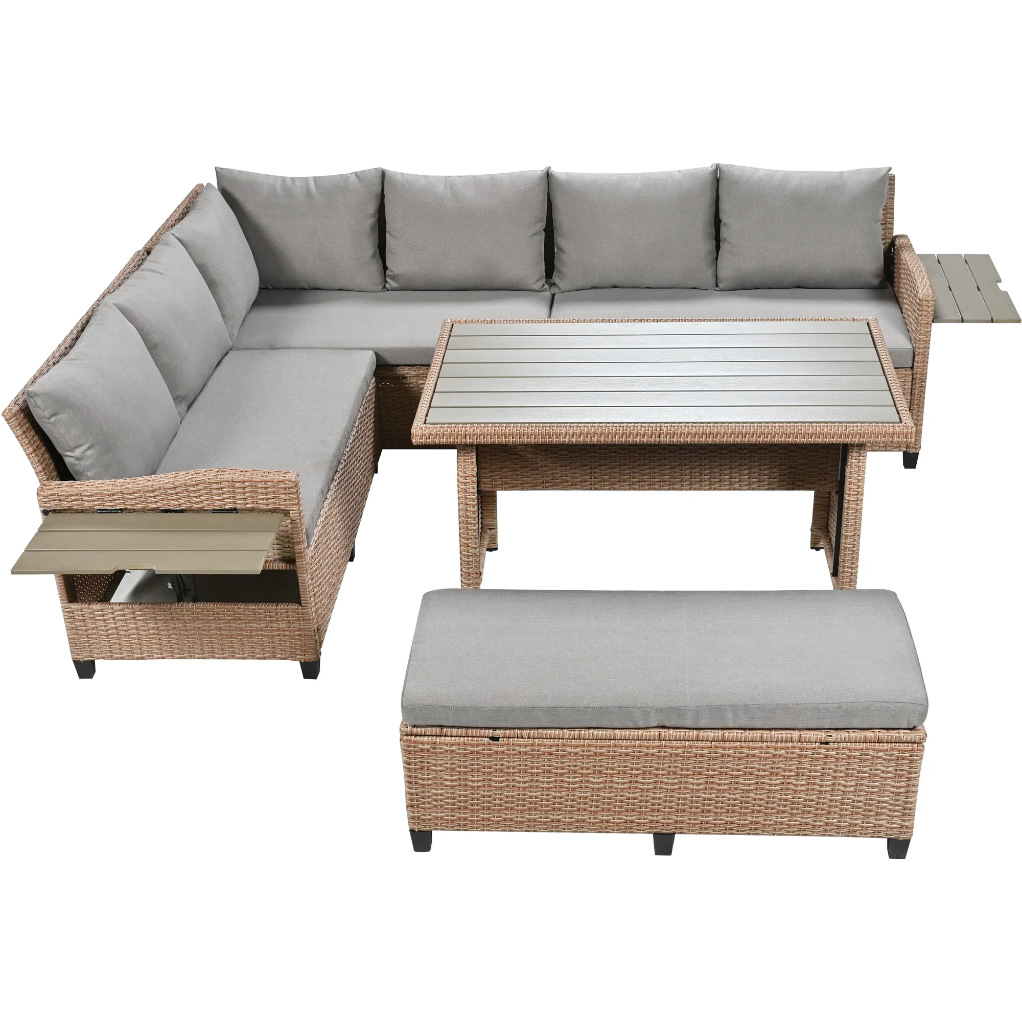 Outdoor Rattan Sectional Sofa Set with Dining Table, Patio L-Shaped Wicker Conversation Set with 2 Extendable Side Tables, Brown(Brown) - Image 4