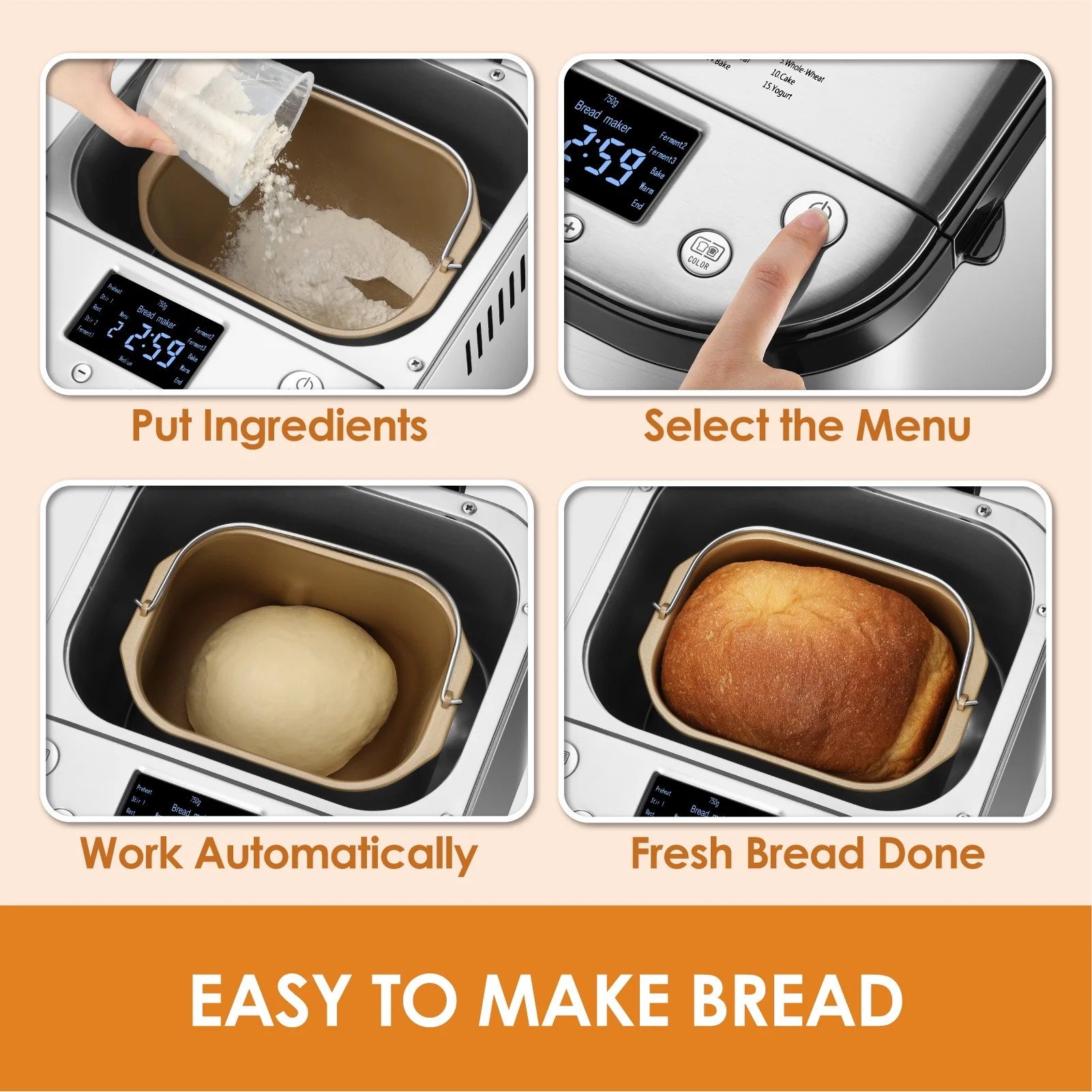 Kitchen in the Box 15 - in - 1 Bread Machine, 2 lb Stainless Steel Automatic Bread Maker with Recipes - Silver