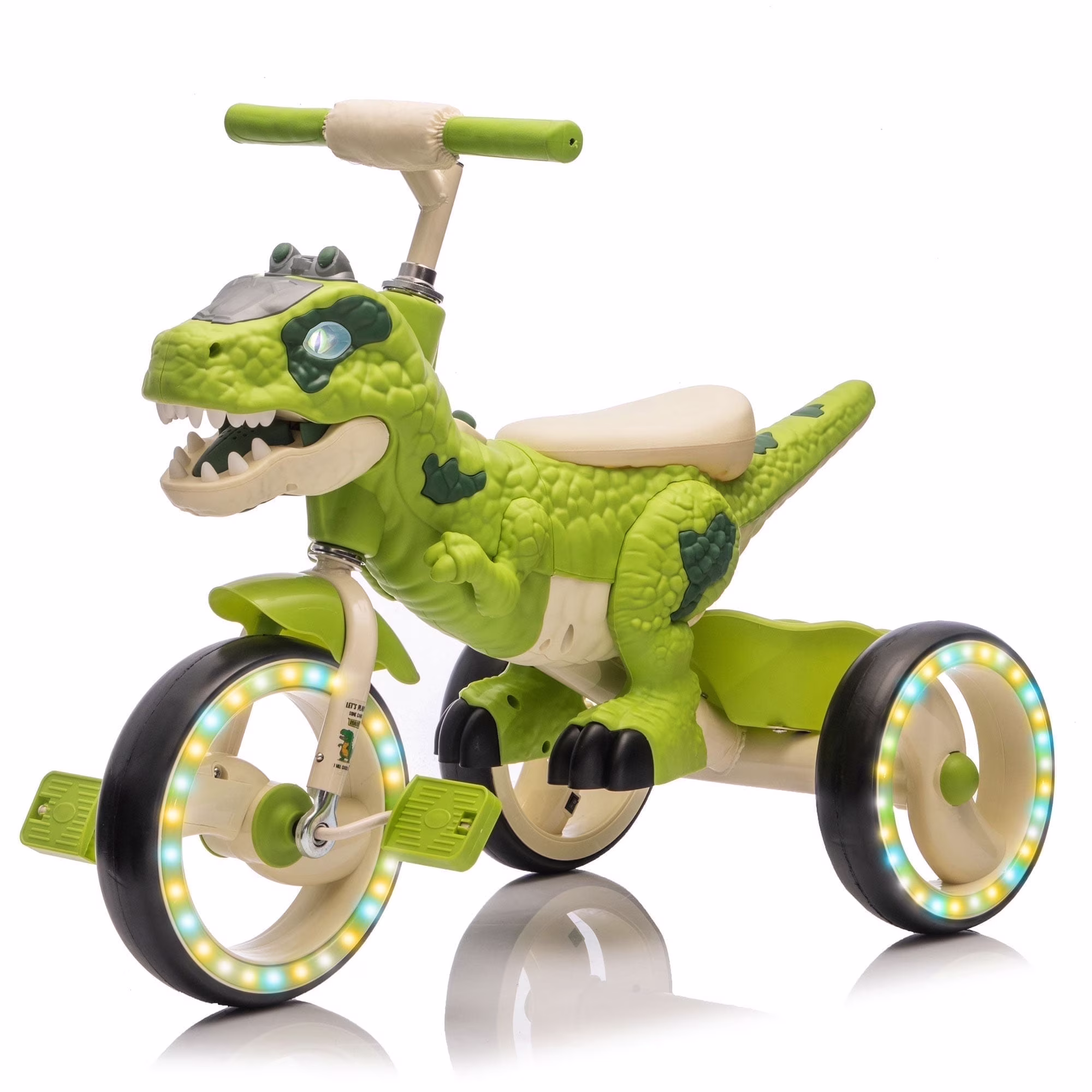 Kids Ride on Dinosaur Tricycle, Toddlers Kid Trike with Wide Flash Wheels, Anti-Slip Pedals, Rear Basket, Music LED Lights, Toddler Bike Toys Gift for 3-6 Year Old Boys Girls (Green)(Green)