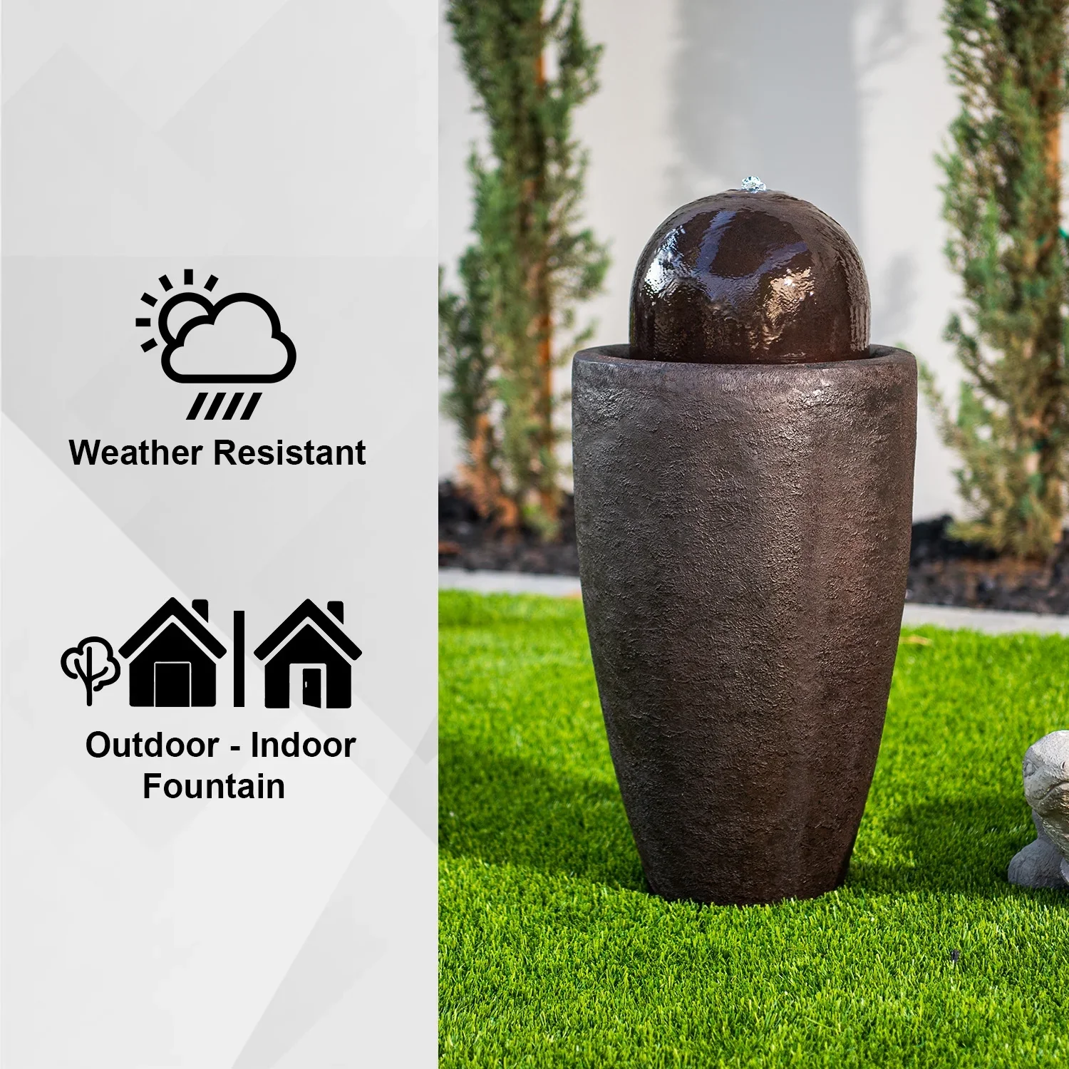 XBrand 25.98H Round Stone Indoor/Outdoor Modern Stone Textured Sphere Water Fountain w/LED Lights, Ball Water Fountain Decor, Garden Sphere Fountain, Patio Fountain, Outdoor Fountain, Brown
