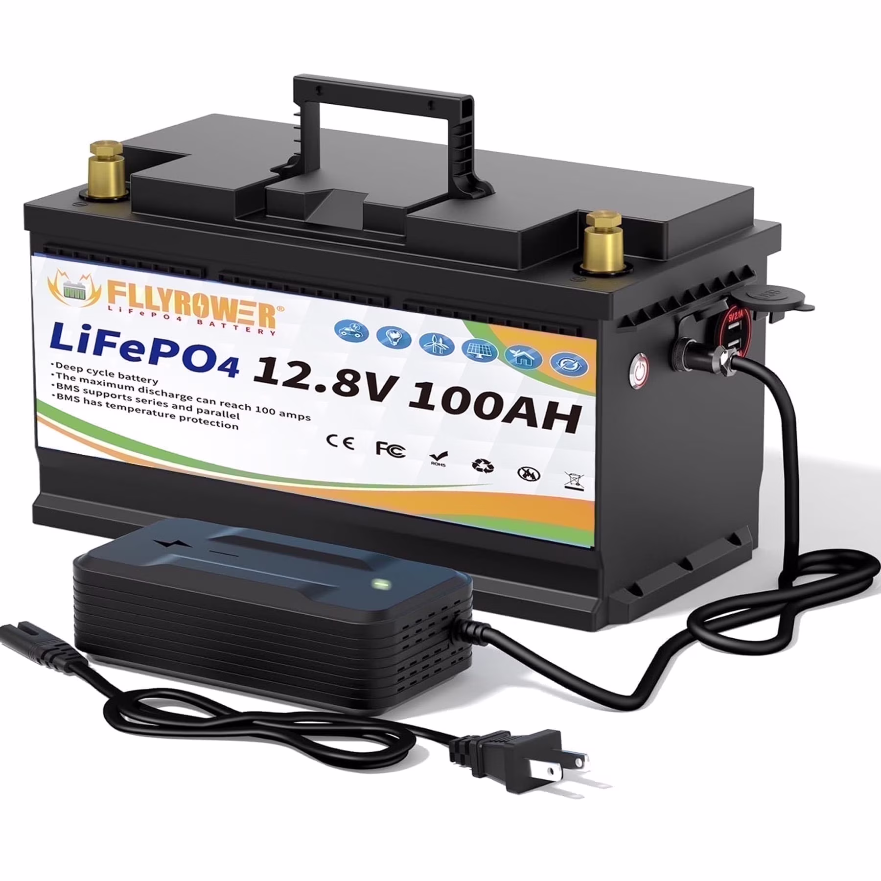 12V 100Ah LiFePO4 Lithium Battery with a Charger,for RV,Marine,Solar,Trolling Motor,Camping,Home Energy Storage,Built in 100A BMS,15000+Deep Cycles(1)
