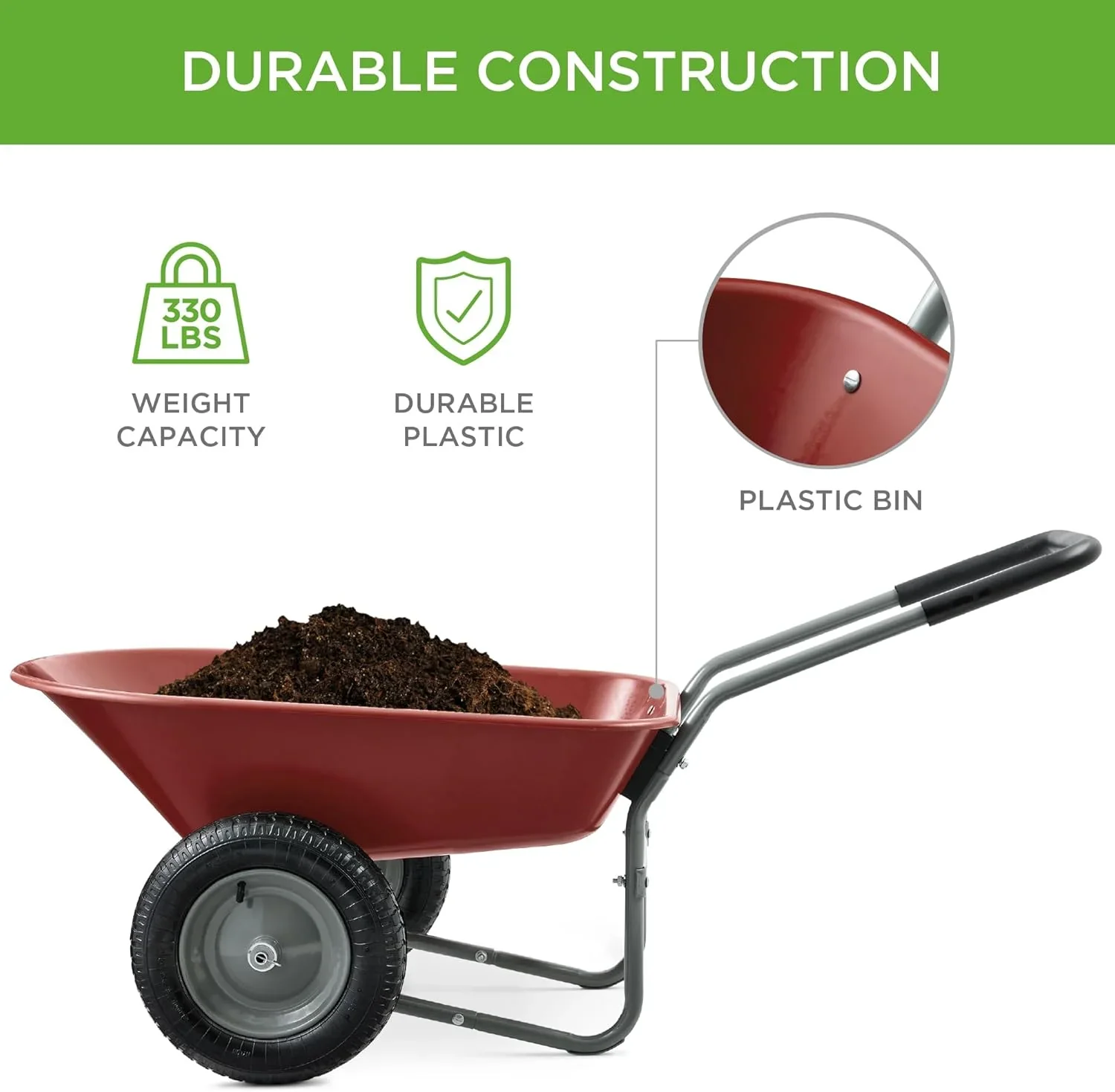 SAZYY Heavy-Duty Dual-Wheel Home Utility Yard Wheelbarrow & Garden Cart with Built-in Stand �C Versatile Solution for Lawn Care, Gardening & Construction Tasks, Gray
