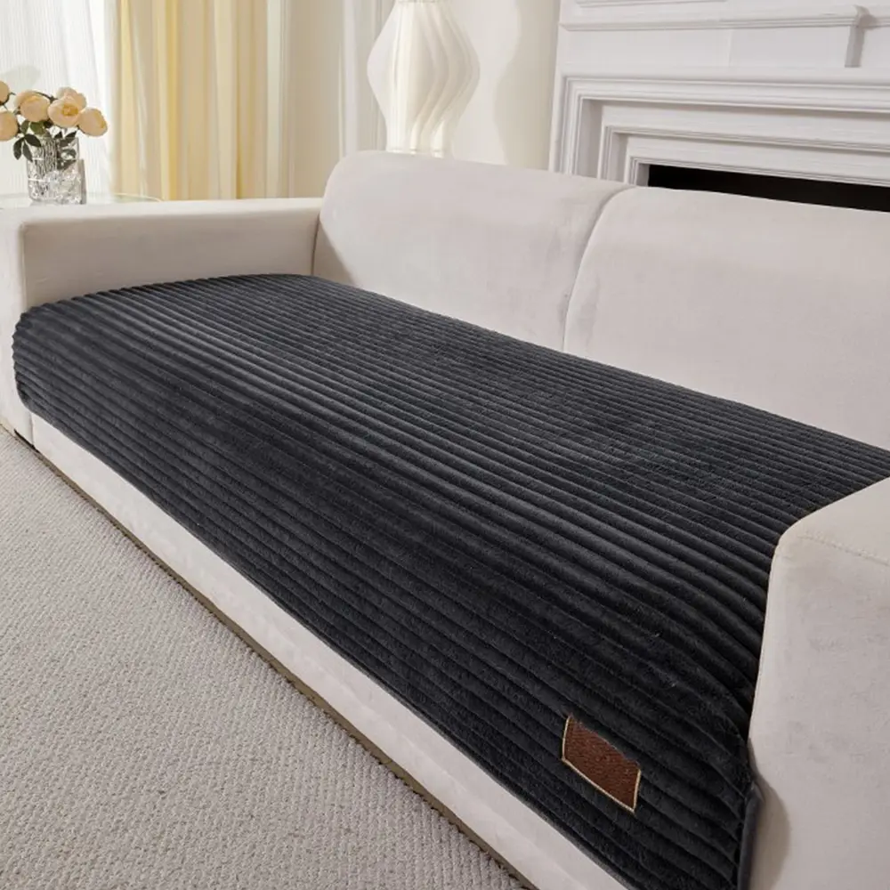 Furry Striped Sofa Protection Non-Slip Plush Couch Cover - Solid