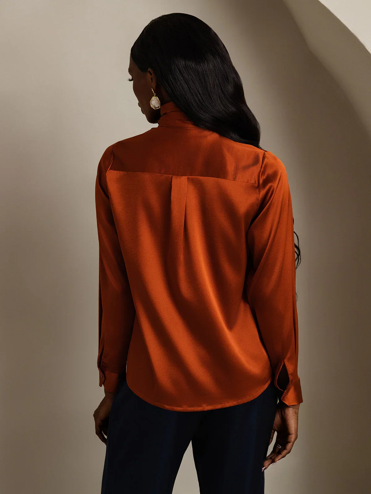 Clearance - 19Momme Silk Long Sleeve High Neck Bow Tie Blouse