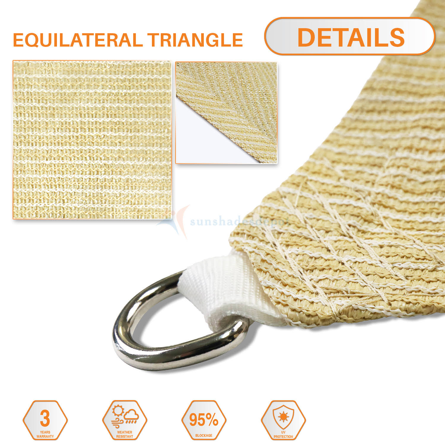 Sunshades Depot 6 x 6 x 6 Tan Beige Sun Shade Sail 180 GSM HDPE Equilateral Triangle Permeable Canopy Custom Size Available Commercial Standard