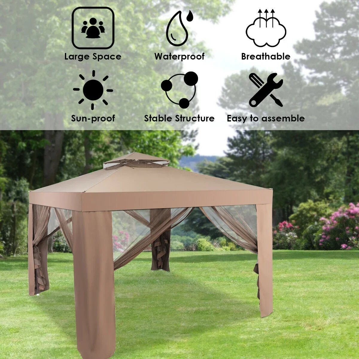 Gymax 10'x 10' Canopy Gazebo Tent Shelter Garden Lawn Patio W/Mosquito Netting Coffee