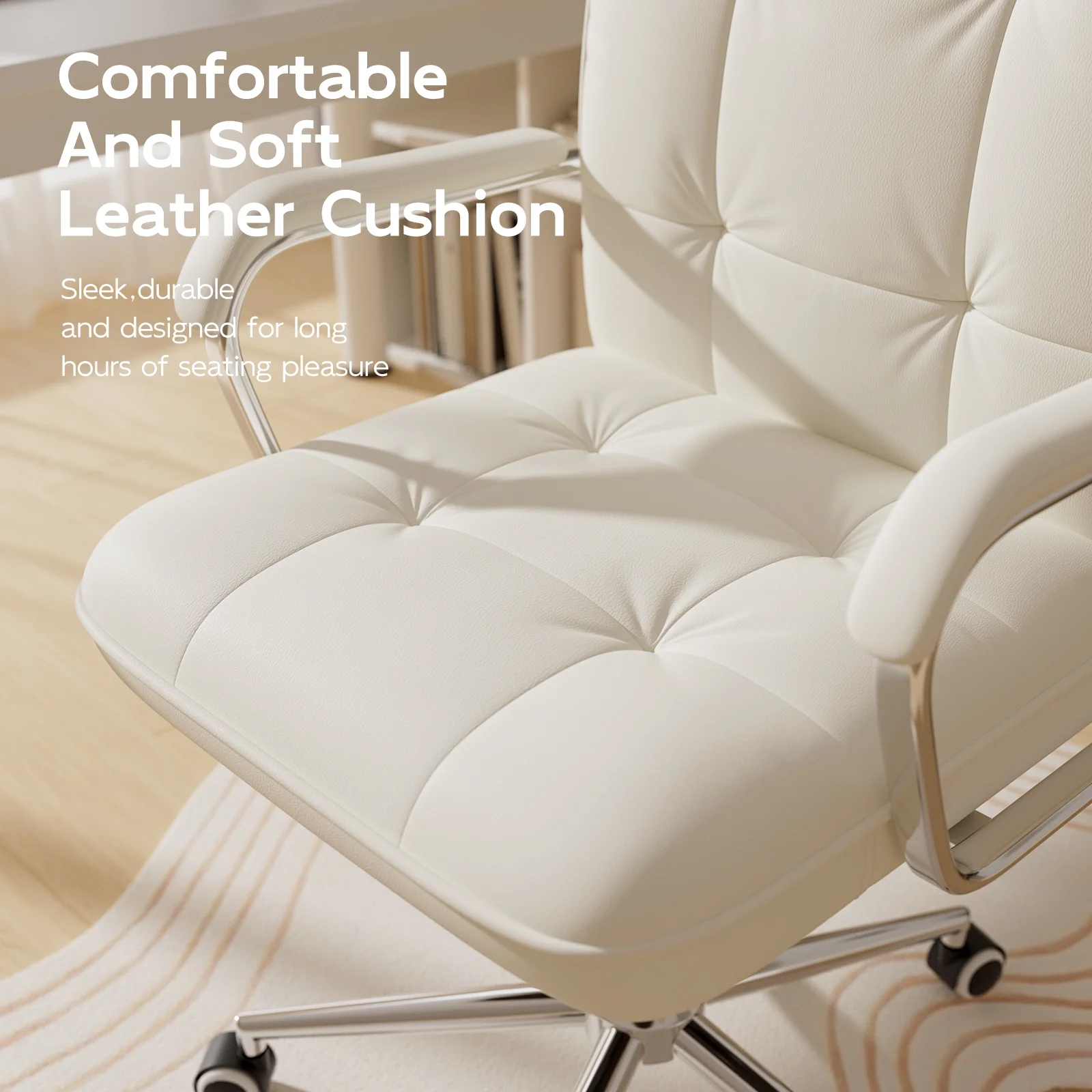 White Office Chair, Swivel Leather Computer Desk Chair with Wheels and Padded Arms, Executive Office Chair for Adults(White) Image 4