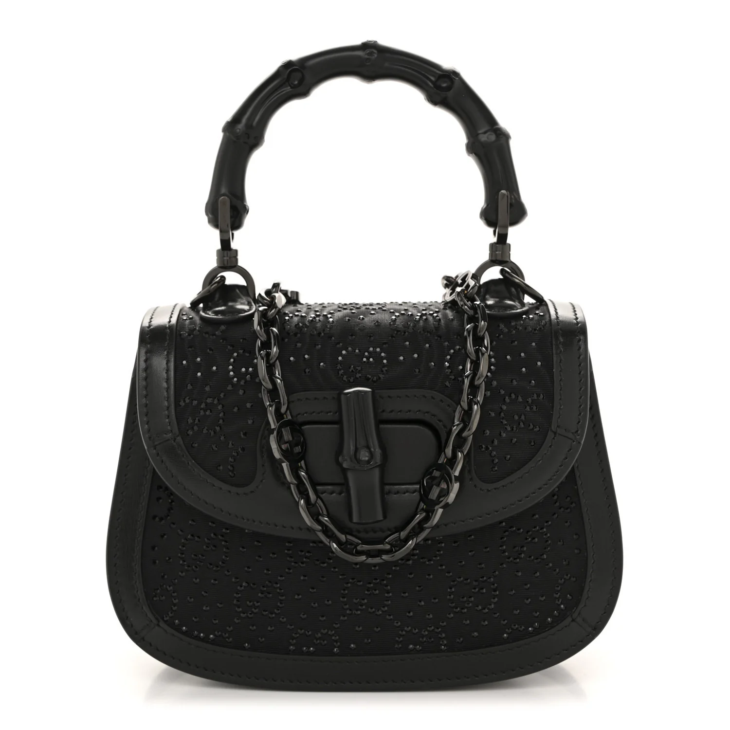 Moire Fabric Calfskin Rhinestone Monogram Monochrome Mini Bamboo 1947 Top Handle Chain Bag Black
