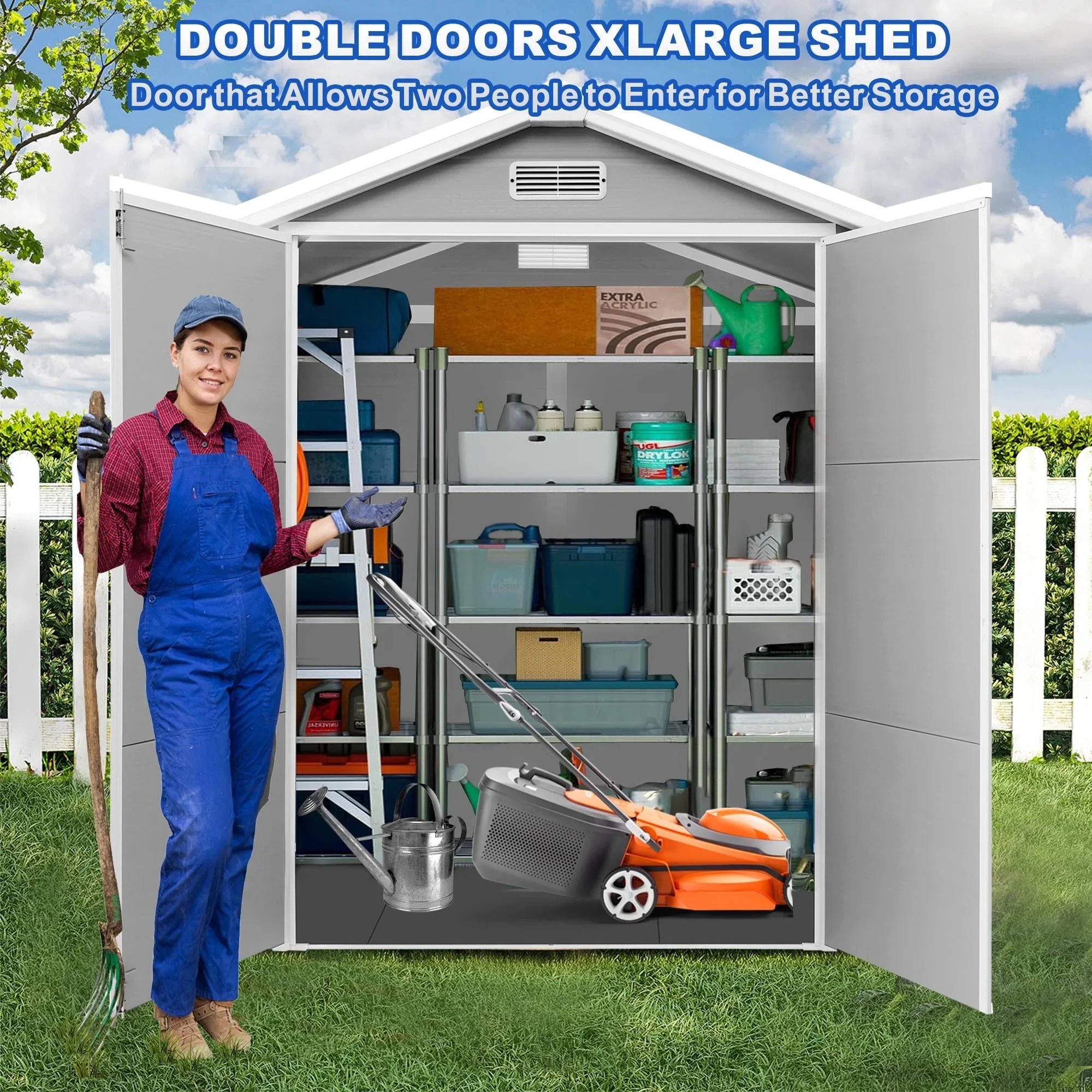 Outdoor Shed & Storage, Seizeen All-Weather Plastic Sheds 82'' H, Sloped Top Garden Shed with Window, Heavy-Duty Resin Outdoor Storage W/Floor, Gray