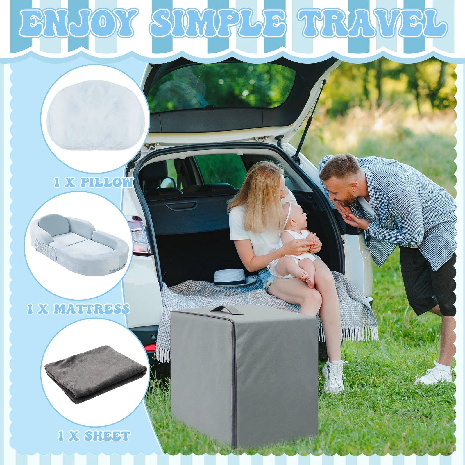 Coumy Toddler Travel Bed 2 - in - 1 Kids Sofa Chair with Removable Cover, Soft Foam Portable Foldable Toddler Bed for Travel with Carrying Bag, Blue