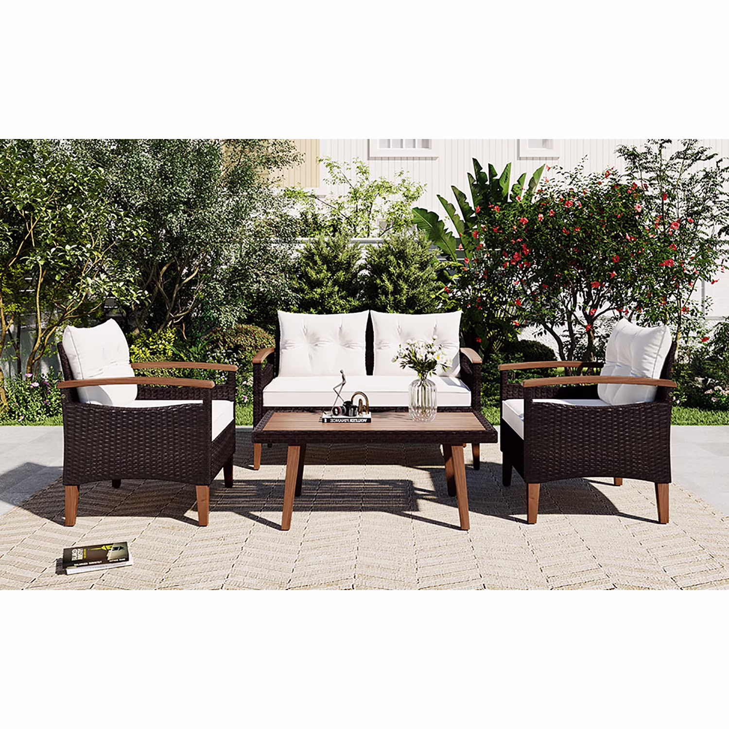 Topcobe Patio Seating Set with Cushions, 4-Piece Garden Furniture, Beige