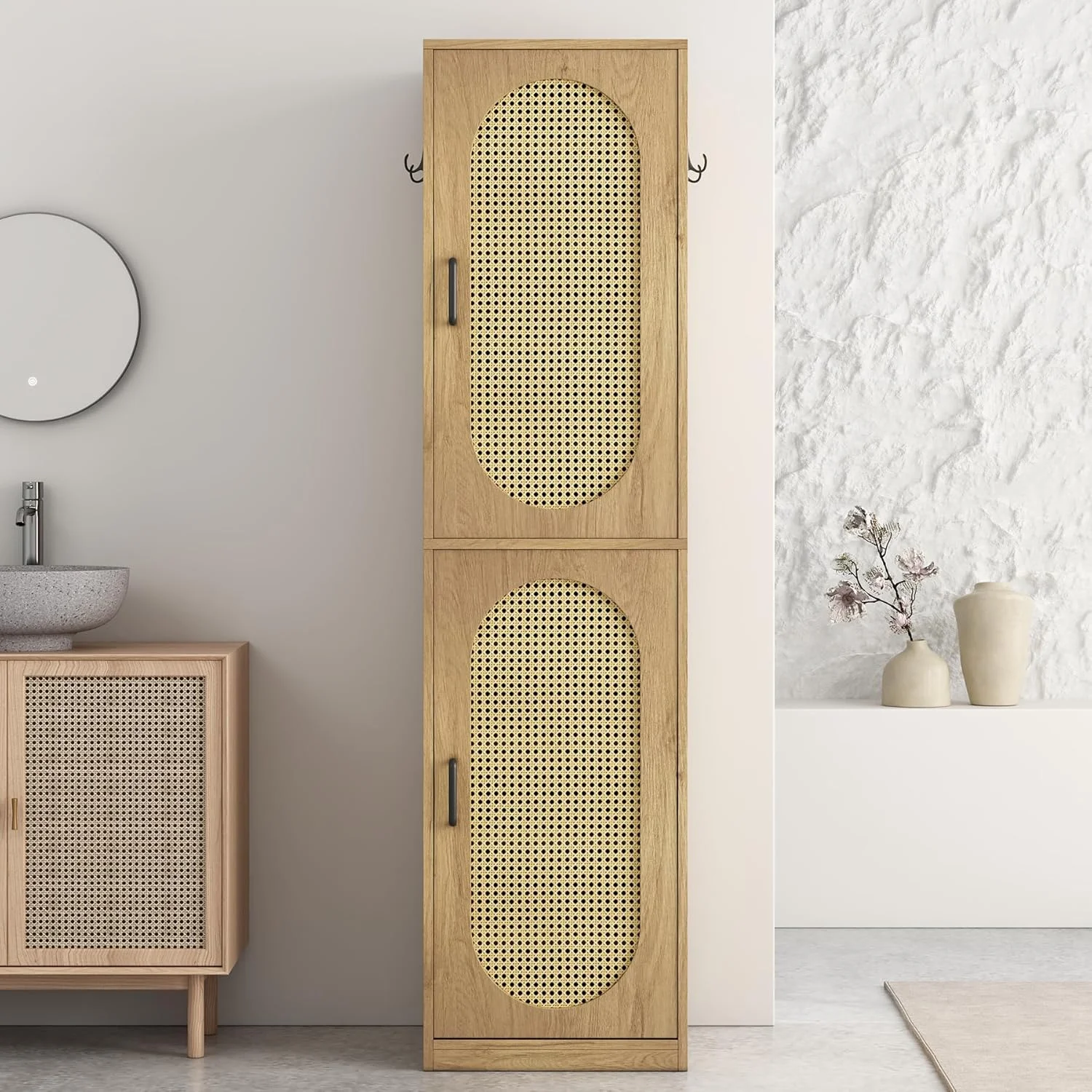 66-Inch Bathroom Storage Cabinet with Rattan Doors, Bath Room Organizer Floor Cabinets Brown - Image 6