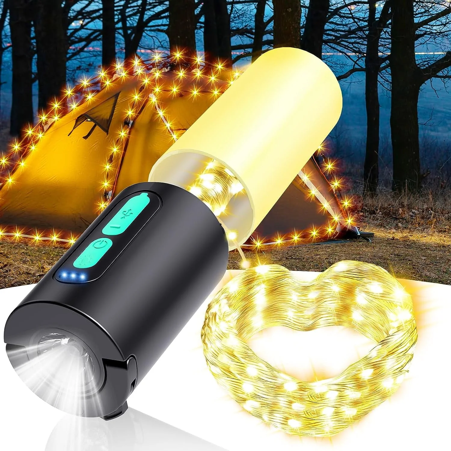 4-in-1 Multifunction Camping Light, 4000mAh Power Bank for Charging, IPX6 Waterproof LED Flashlight, 33ft 100 LED USB Powered String Fairy Lights for Outdoor Tent, Bedroom, Party, Hiking,Wedding