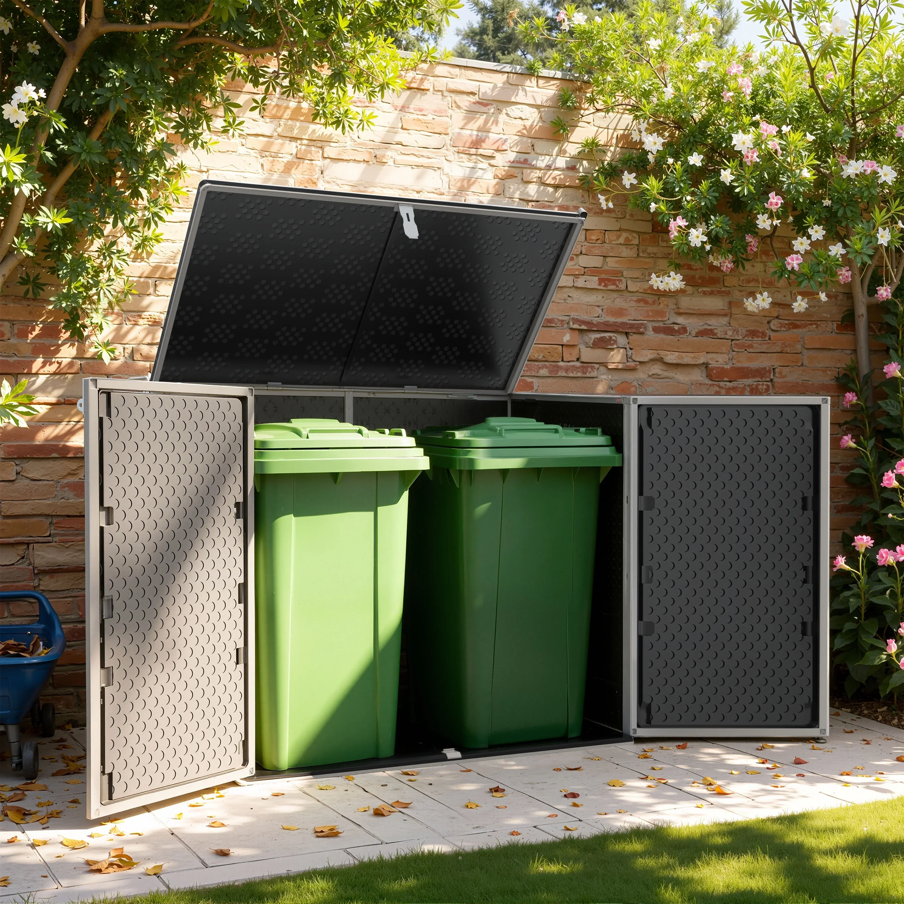 51 Cu Ft Outdoor Storage Shed, Resin Storage Cabinet with Door & Lock, Multi-Purpose Outdoor Shed for Garbage Cans, Garden Tools, Bikes, Easy to Assemble, Gray