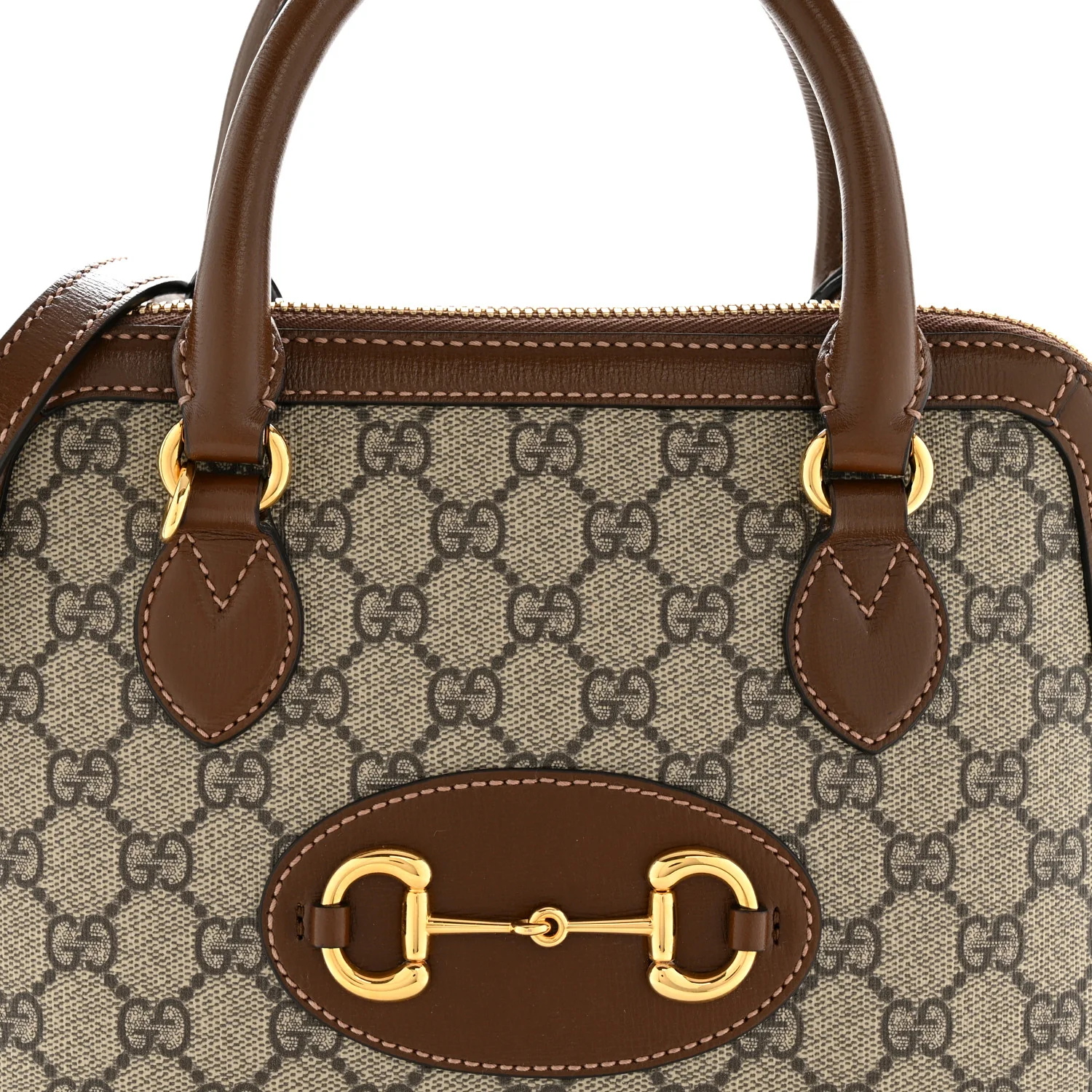 GG Supreme Monogram Azalea Calfskin Small Horsebit 1955 Top Handle Bag Beige Ebony Brown Sugar