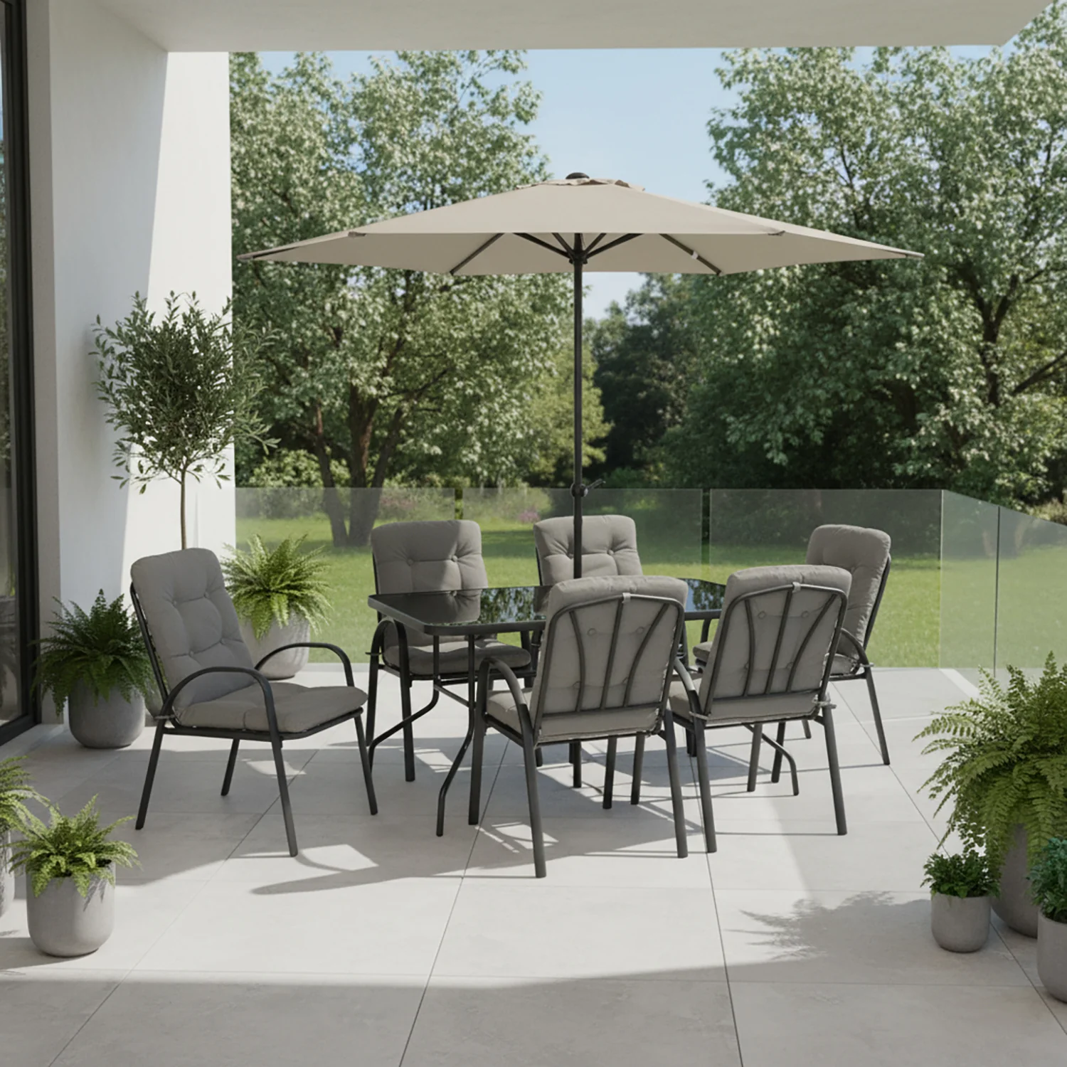 VESTIAMO CASA GIARDINO - Set Tavolo da Giardino 6 Sedie con Ombrellone Grigio
