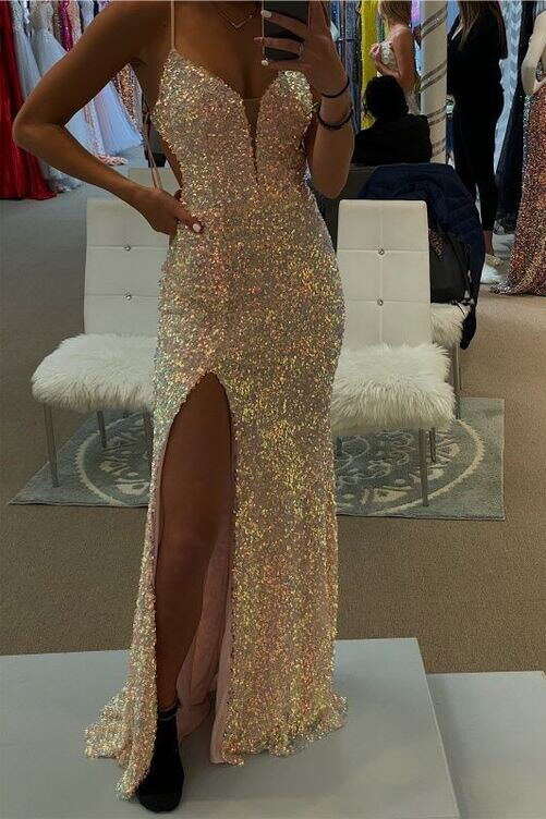 Spaghetti Straps Sequins Mermaid Prom Dresses, Sparkly Slit Long Formal Gown DMP173