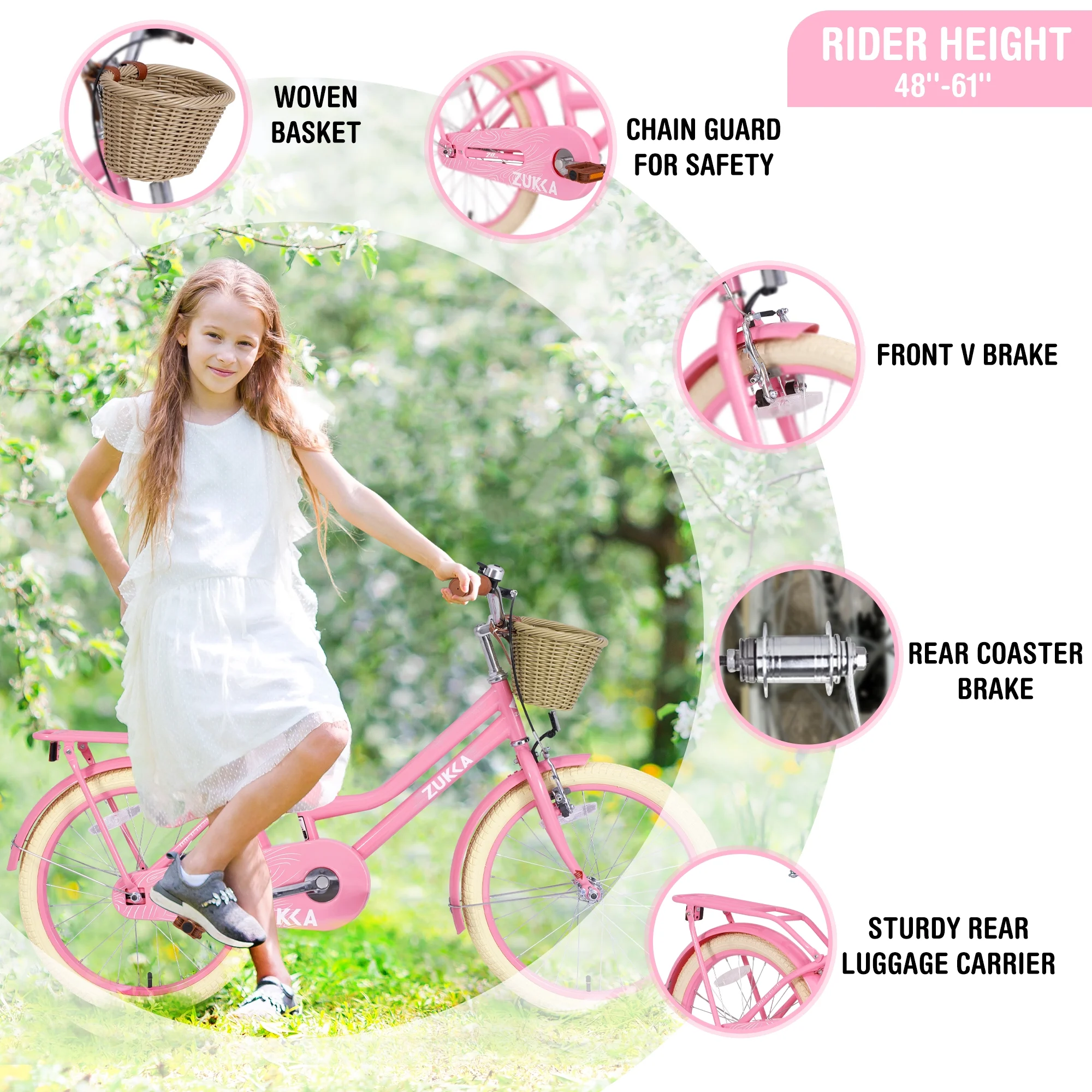 20" Kids Bike Girls Bike with Basket Single Speed Steel Frame Children Bicycle for 7 10 Years, Pink(Pink) Image 7