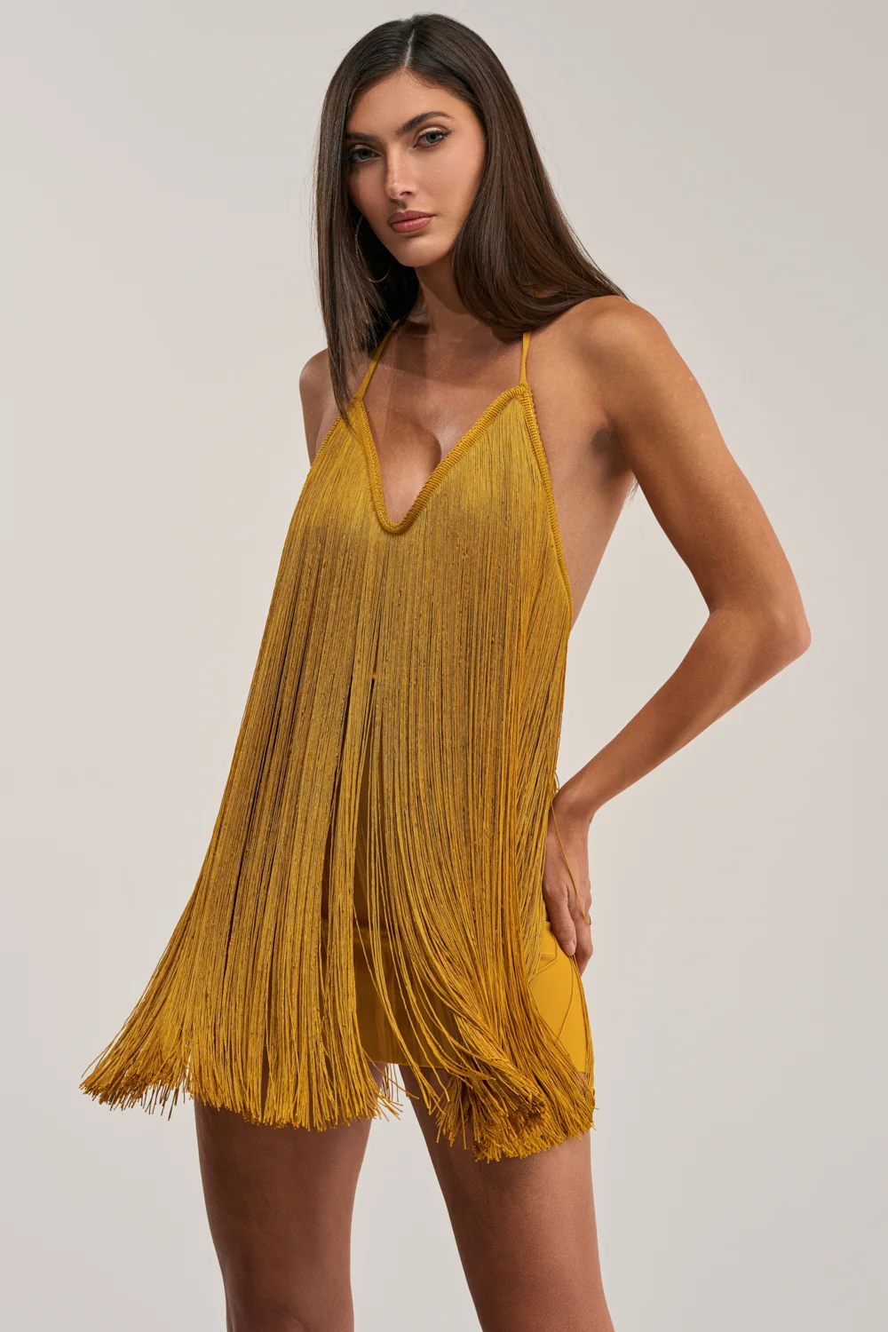 DRINKS ON ME FRINGE MINI DRESS IN GOLD - Akira Store