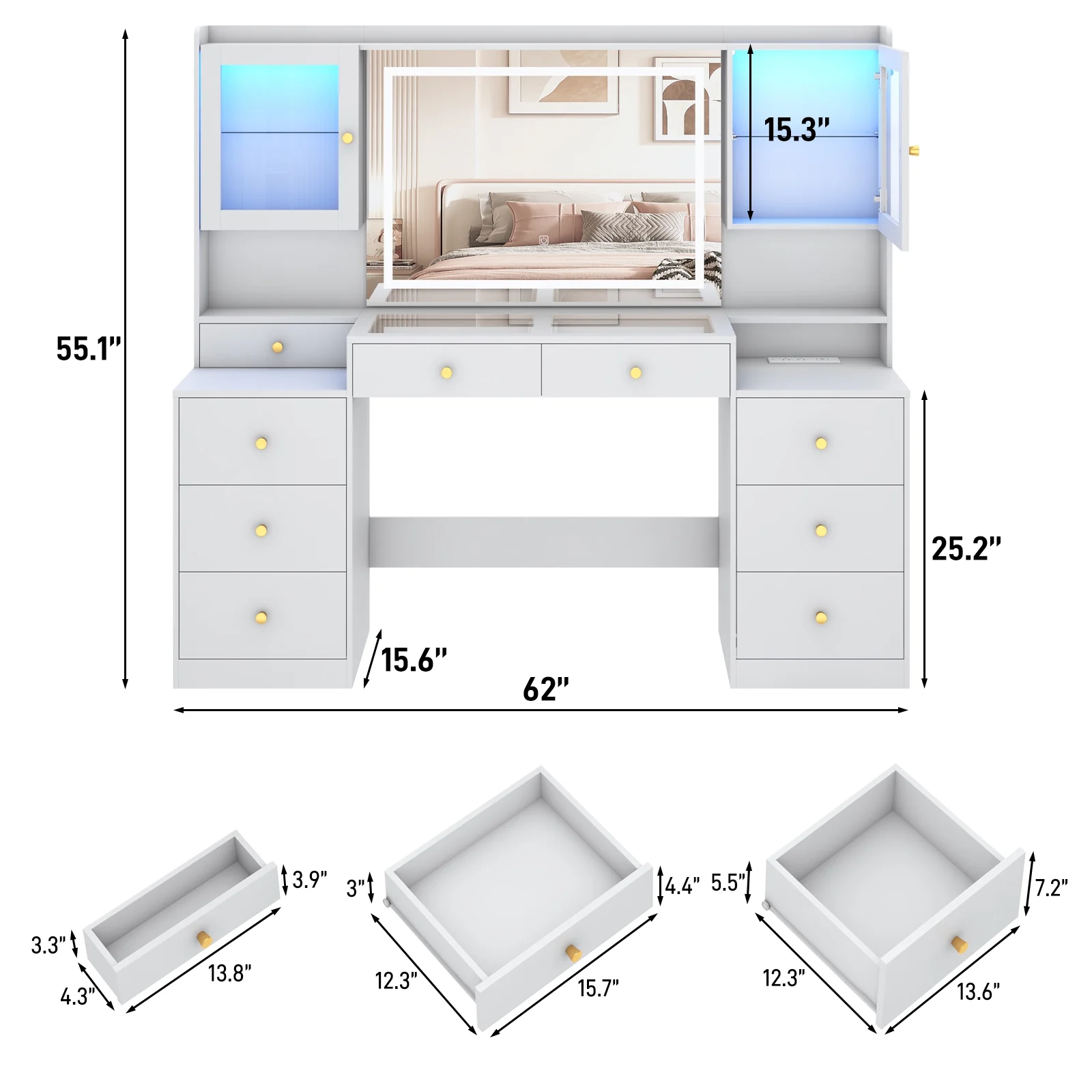 62'' Large Vanity Desk w/60000-color LED Lights, Tempered Glass Top, Power Outlet, Makeup Vanity Table w/ 3 Lights Mode Mirror, 9 Drawers, 2 RGB Cabinets, LED Dressing Table for Girls, Women(White-62'') - Image 10