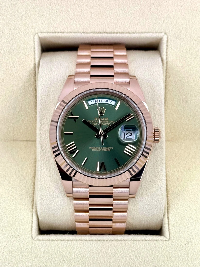 【Super Clone】RLX  Day-Date President 40mm Everose Gold Olive Green Roman Dial - 228235