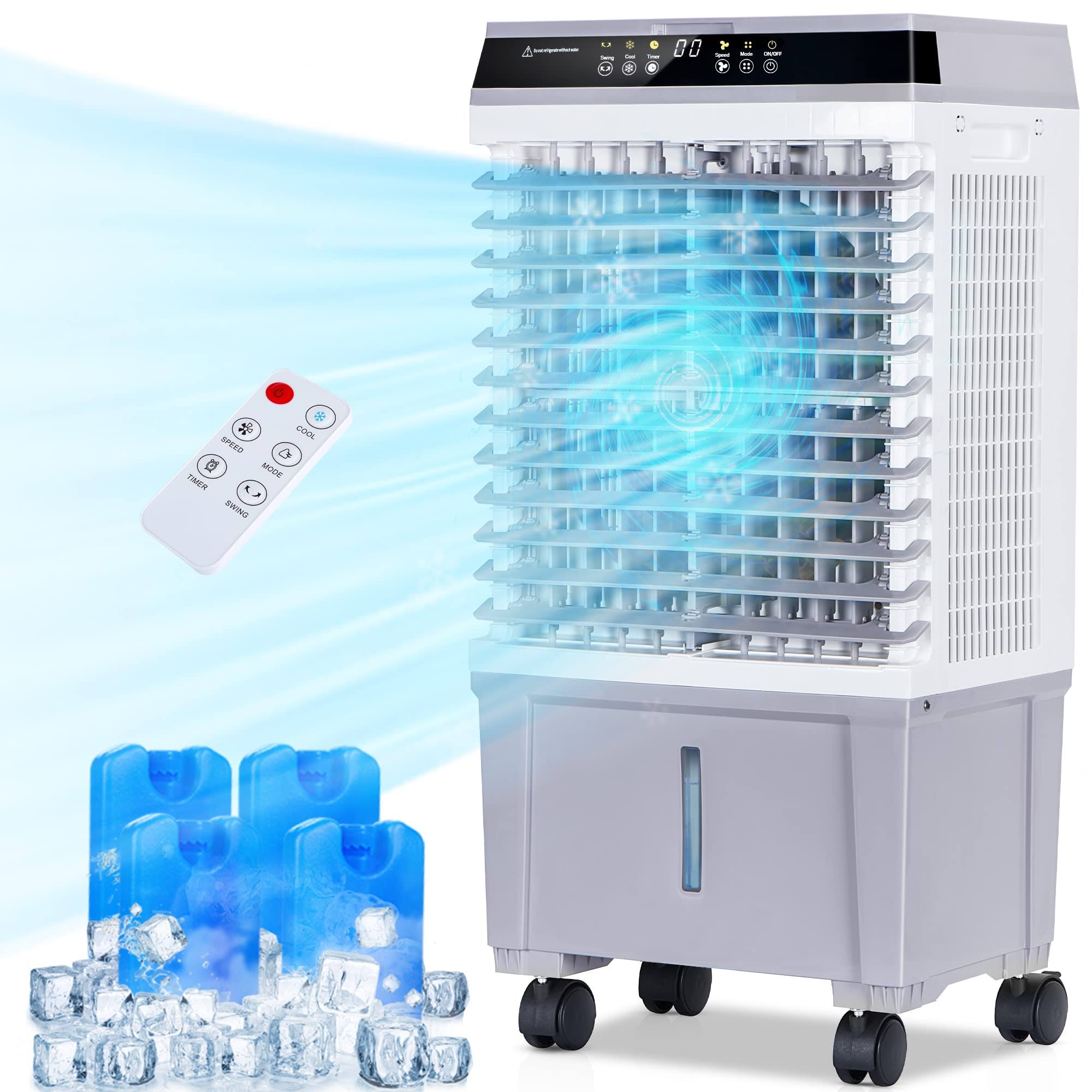 uthfy Evaporative Air Cooler, Swamp Cooler with 5.3 Gallon Reservoir, 4 Ice Box, Remote, 12H Timer, 70��Oscillation Air Cooler Cooling Fan with 3