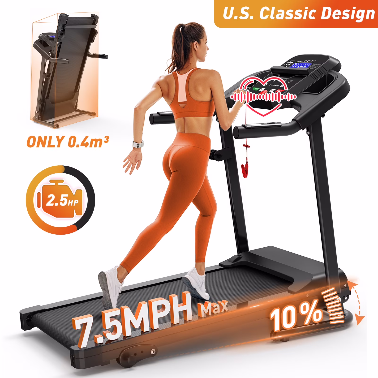 Foldable Electric Treadmill for Home, 2 5HP Quiet Brushless Folding Treadmill, 7 5 MPH, LCD Display, Heart Rate Sensor (Black)(MODEL 2 Black)