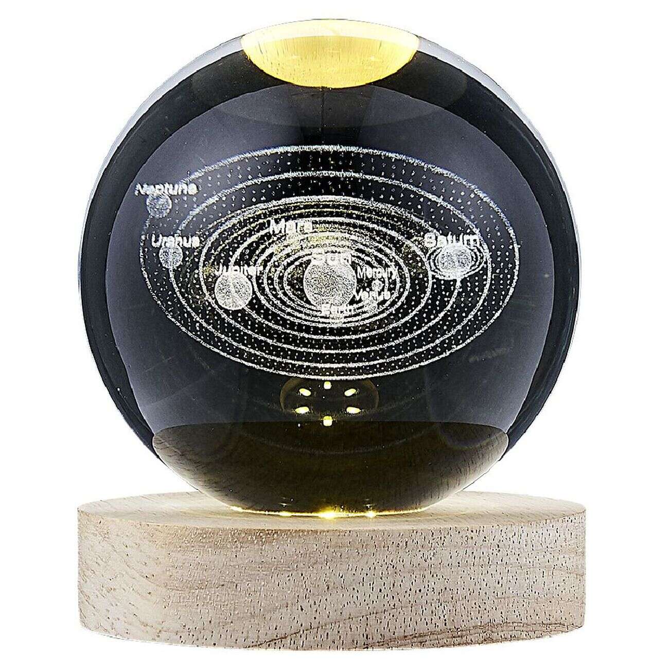 Boule de cristal gravée socle LED thème astro Ø9xH10cm