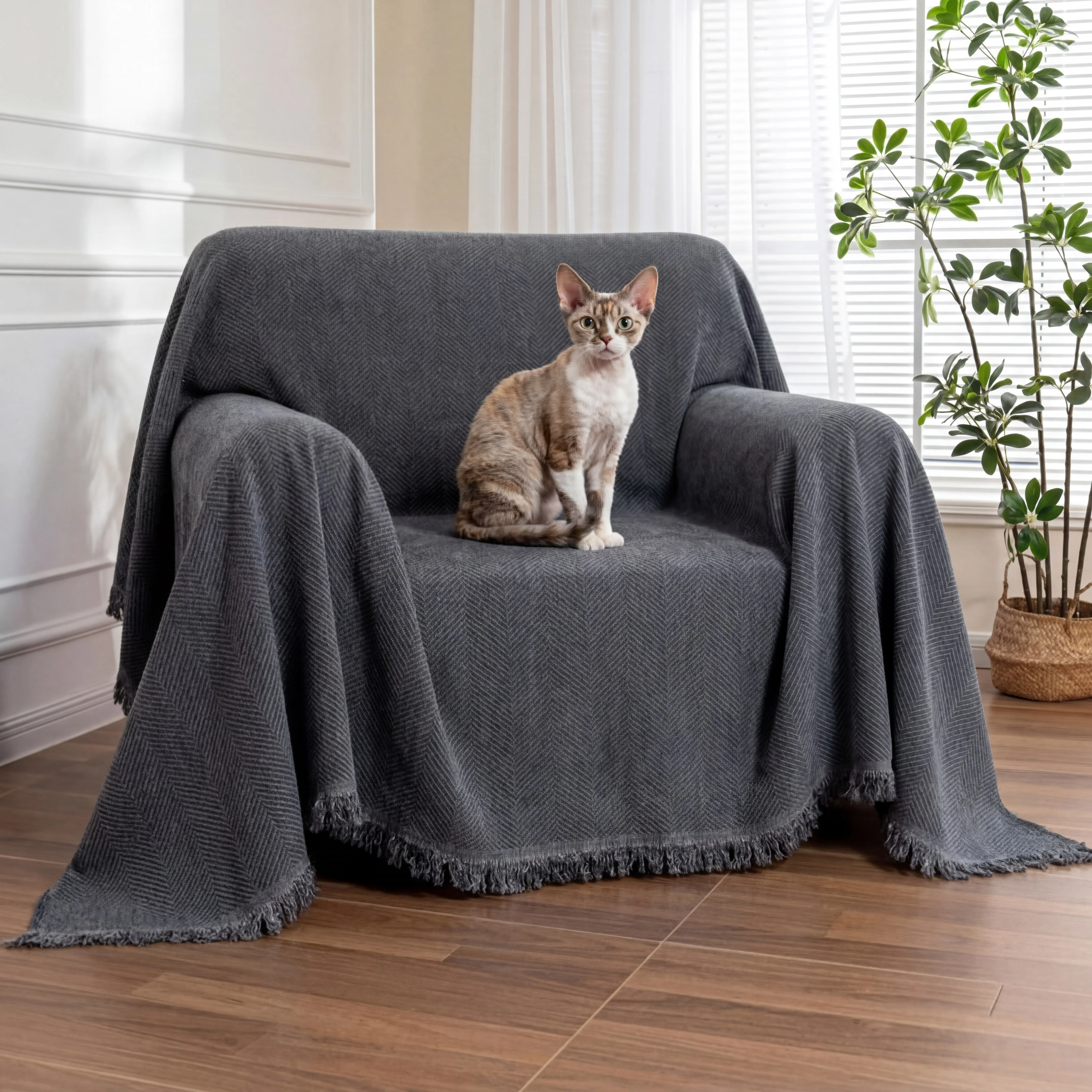 Chenille Blanket Herringbone Tassel Armchair Cover