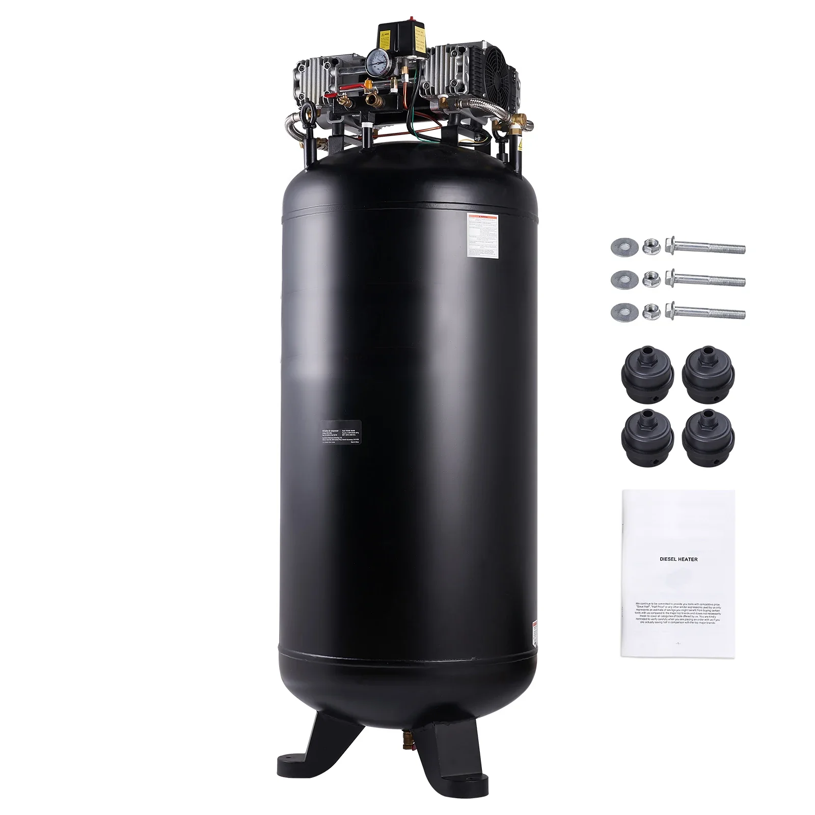 KFFKFF 80-Gallon Air Compressor, 6.5 HP, 15.5 SCFM at 90 PSI, Dual-Stage, 145 PSI, Oil-Free, 86 dB