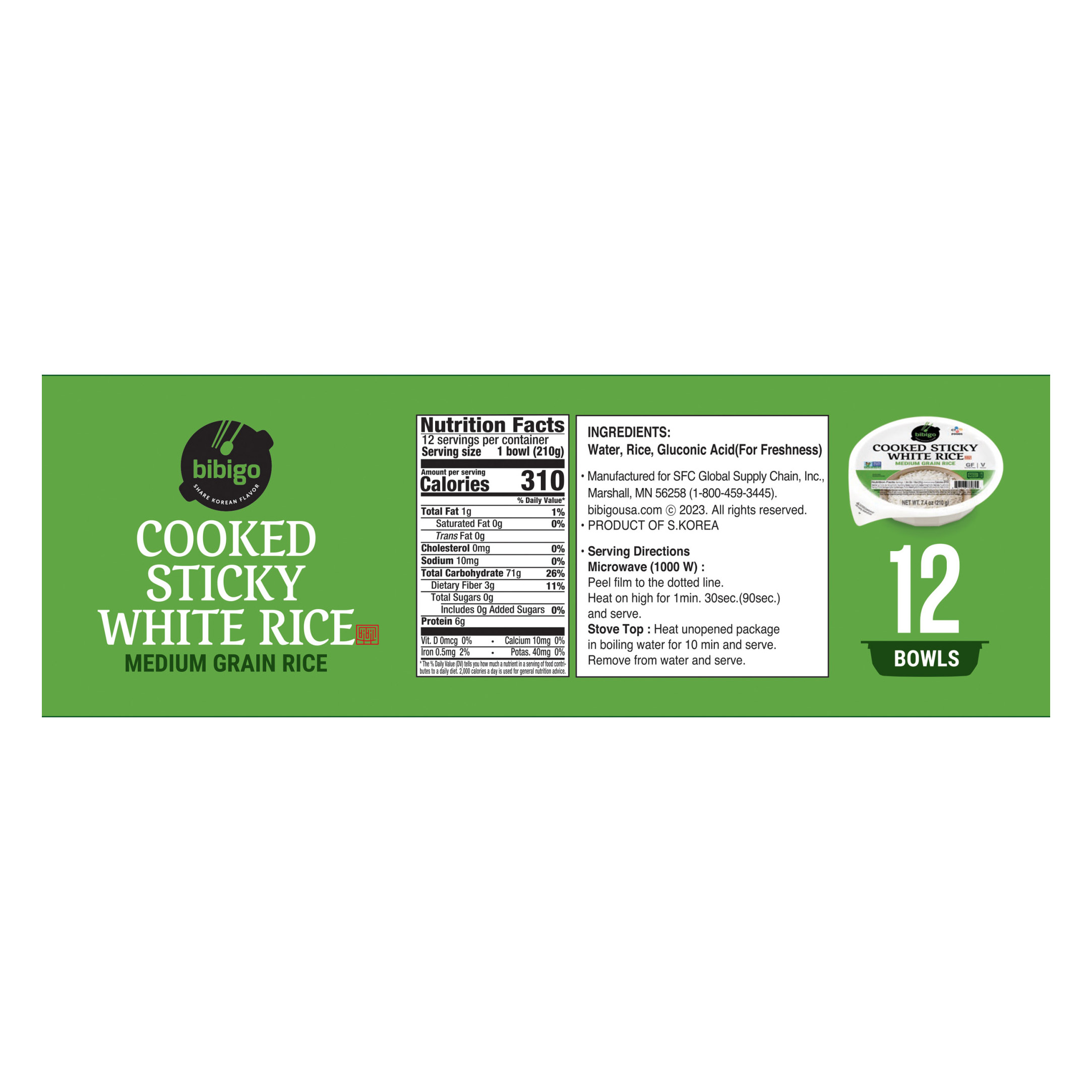 Bibigo, Cooked Sticky White Rice Bowls, Medium Grain, 7.4 oz, 12 - Count