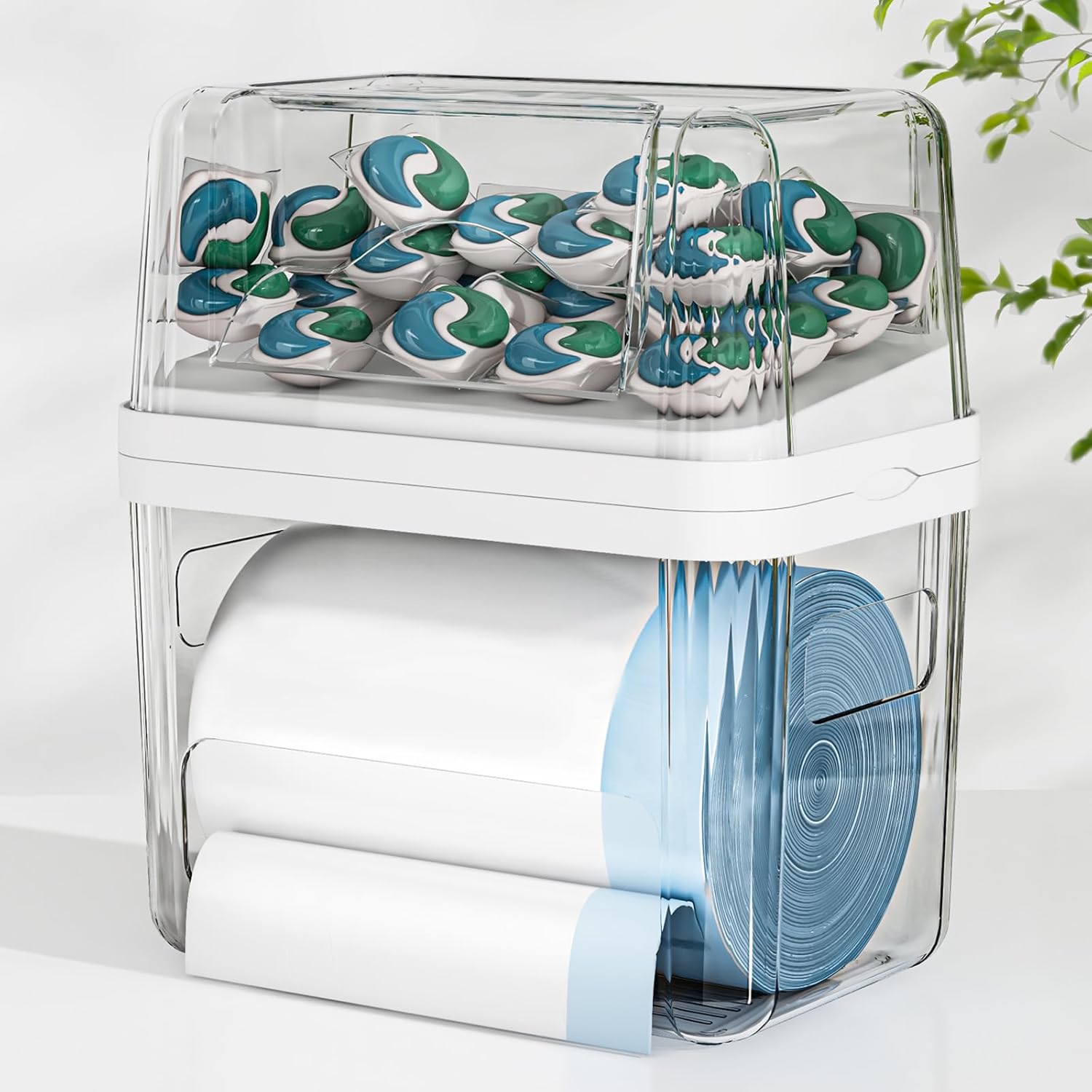 2-in-1 Trash Bag Holder for Laundry & Dishwasher Pods, Garbage Bag Dispenser with Removable Lids, Kitchen Organizer and Under-Sink Storage Box