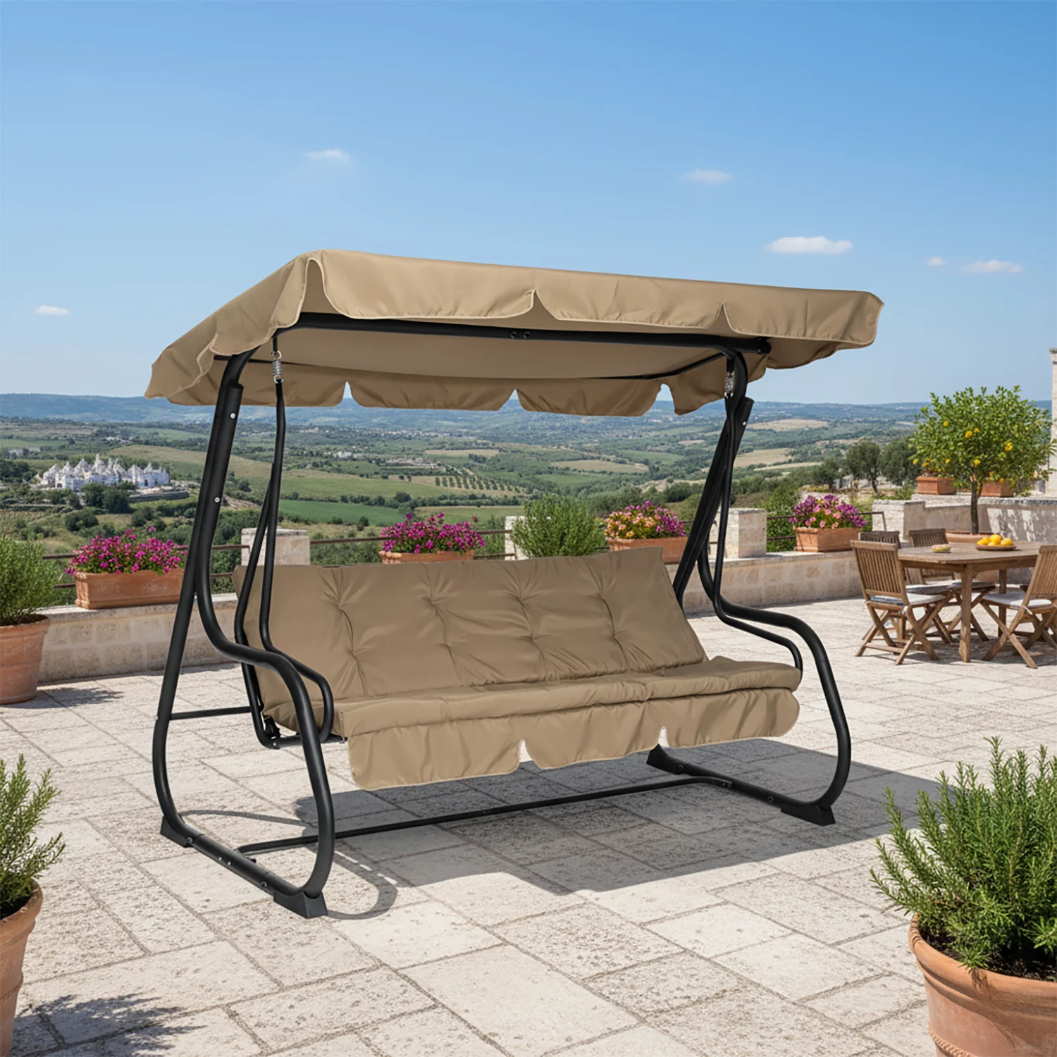 VESTIAMO CASA GIARDINO - Dondolo Reclinabile 3 Posti Camel con Struttura in Acciaio Antracite - h165x232x125 cm
