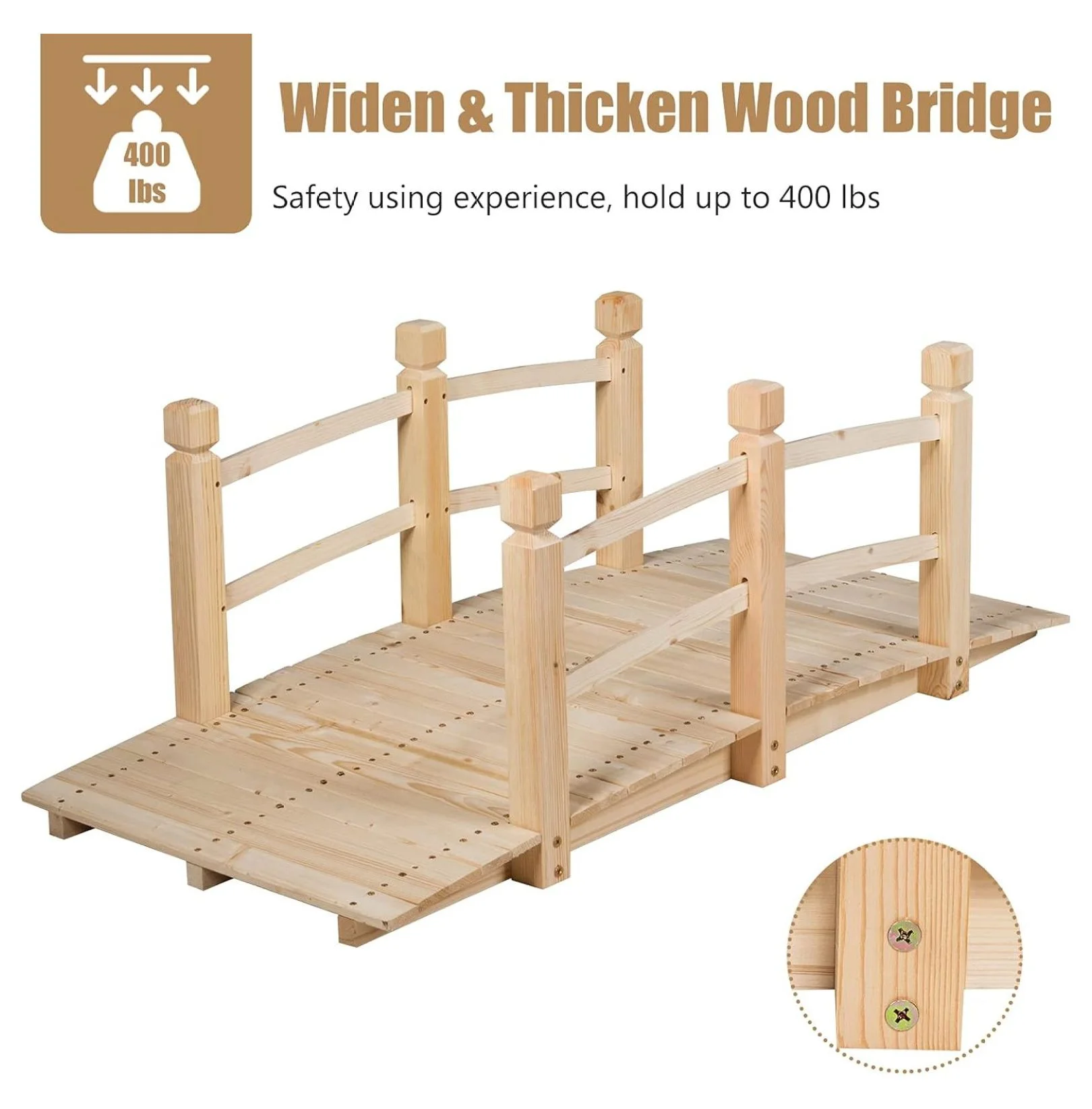 Garden Bridge, 5FT Wooden Arc Footbridge for Outdoors with Safety Guardrails, Decorative Landscaping for Garden Yard Walkway Creek Farm, 400 LBS Capacity (Natural Finished) Image 5
