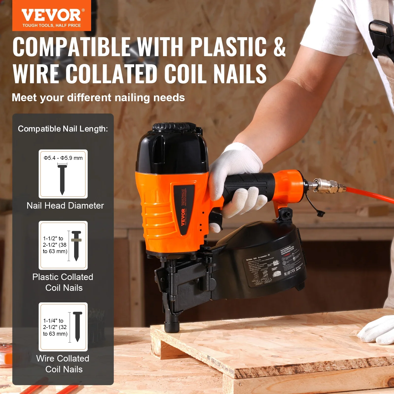 VEVOR Coil Siding Nailer CN65, 1-1/4 to 2-1/2 15 Degree Pneumatic Siding Nail Gun with Tool-Less Depth Adjustment, 70-120PSI Air Coil Nailer for Siding, Pallet Sheathing, Wooding, Fencing