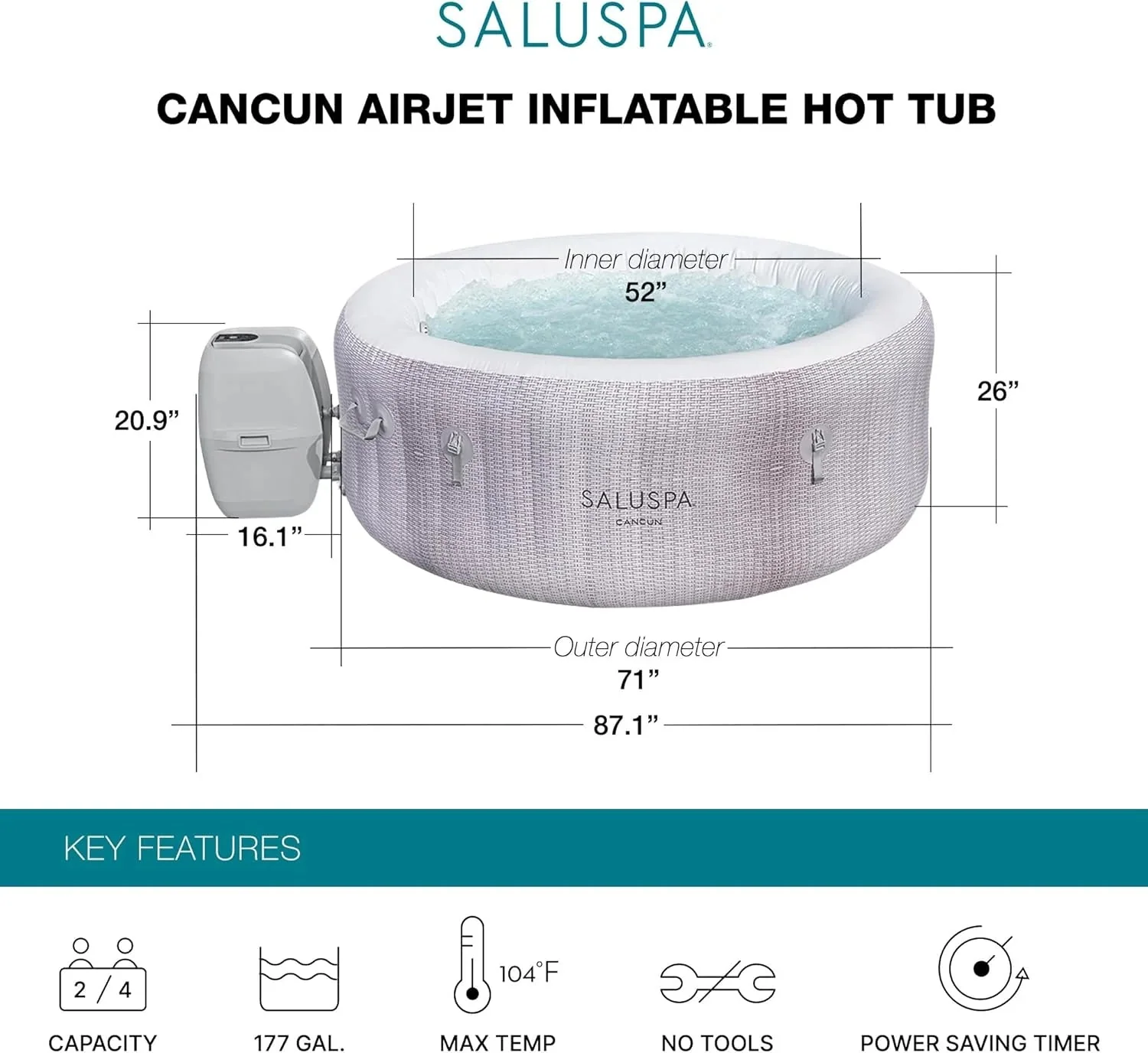 Large Round 2 to 4 Person Inflatable Hot Tub Portable Outdoor Spa with 120 Airjets and Energysense Cover, Grey